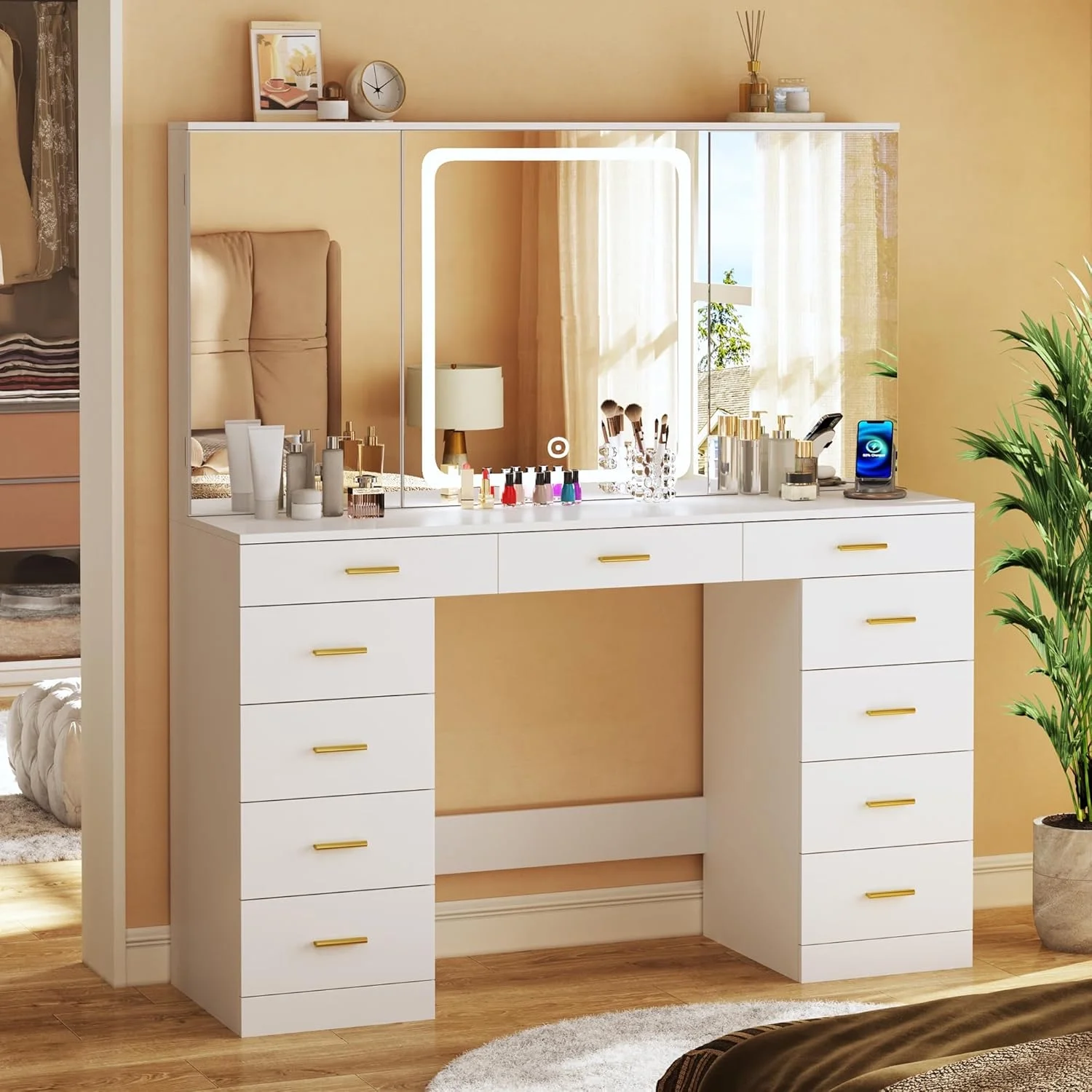 Tomnk woo White Makeup Vanity Desk with Large Mirror, Adjustable Lights, Storage Drawers & Power Outlets