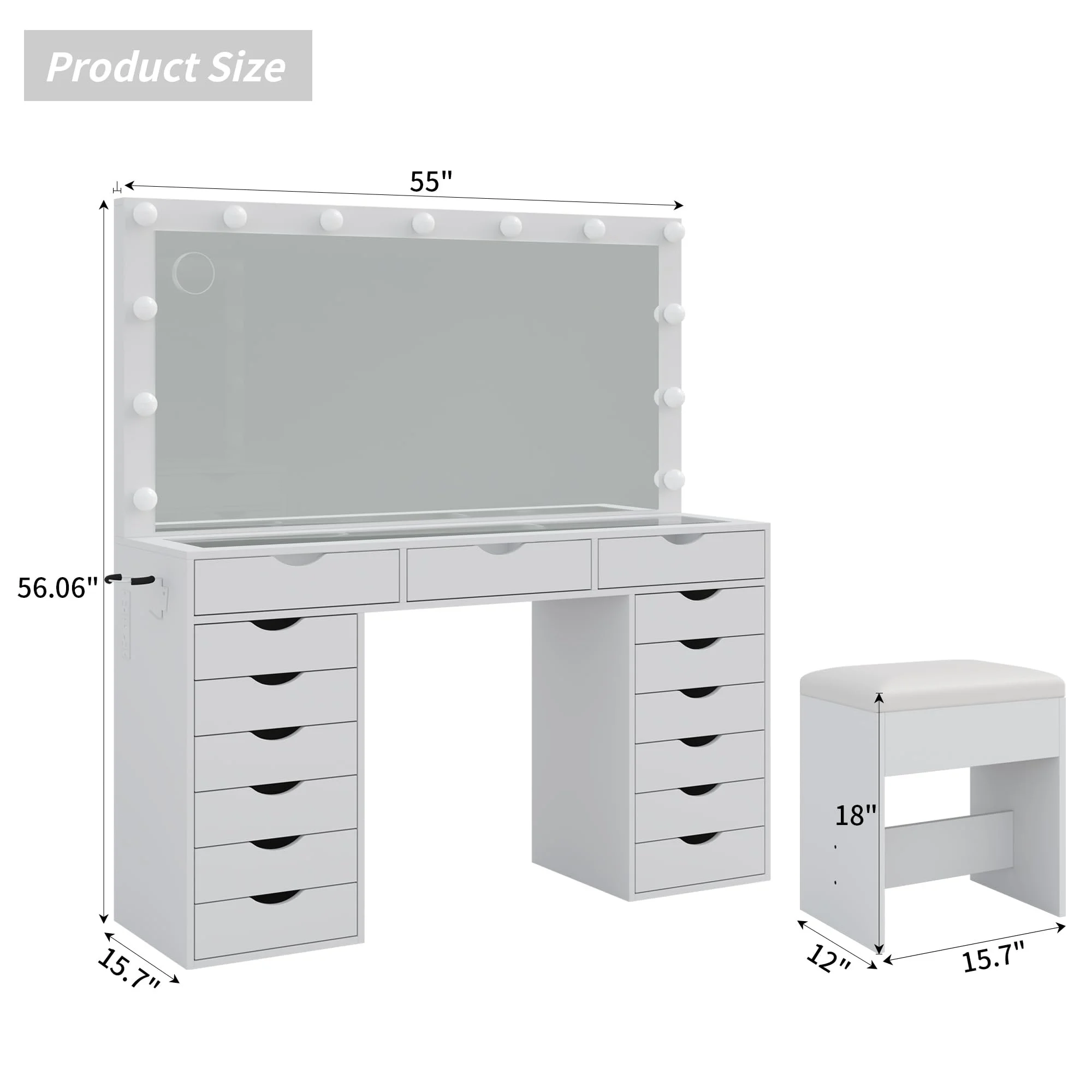 Yanosaku 15 Drawers Vanity Desk with Power Outlet, Makeup Table with Mirror and 13 LED Lights, 3 Color Lighting Modes, Brightness Adjustable, Glass Top Dressing Table, Vanity Set for Bedroom