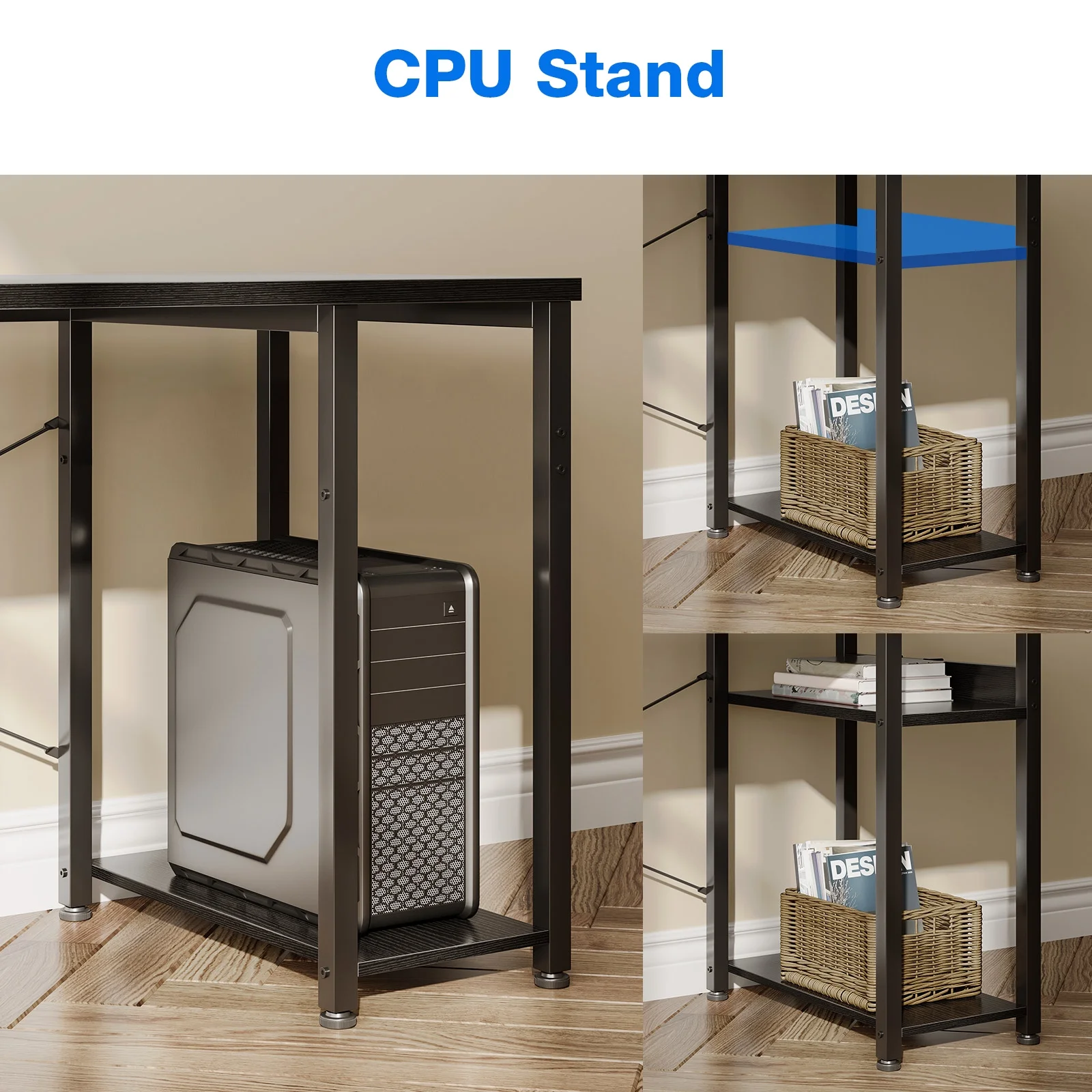 Reversible Modern Simple Style L Shaped Desk with Charging Station and Drawers, Pure Black