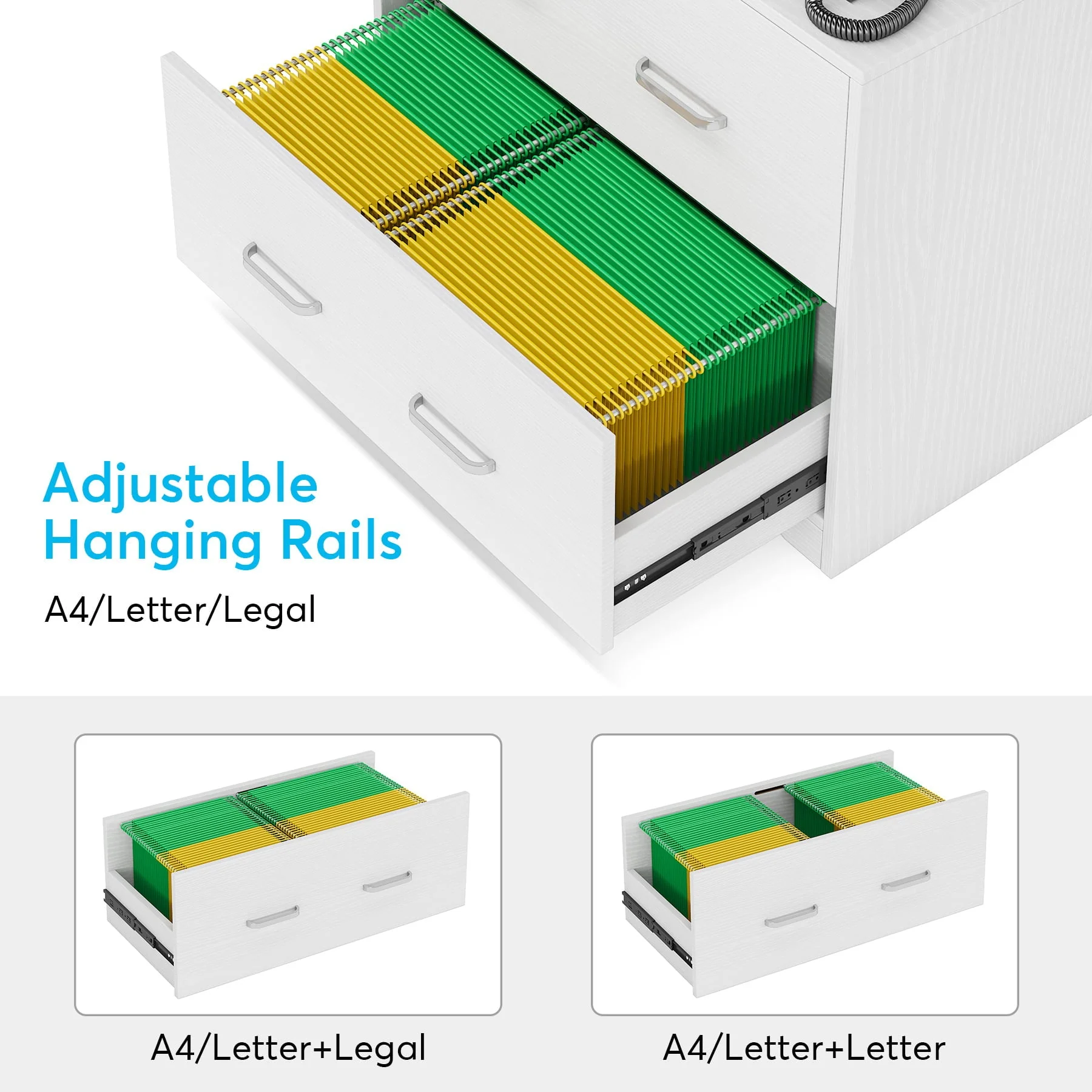 Tribesigns 2-Drawer Lateral File Cabinet for Hanging Letter/Legal/F4/A4 Size Files, White Wood Filing Cabinet with Lock
