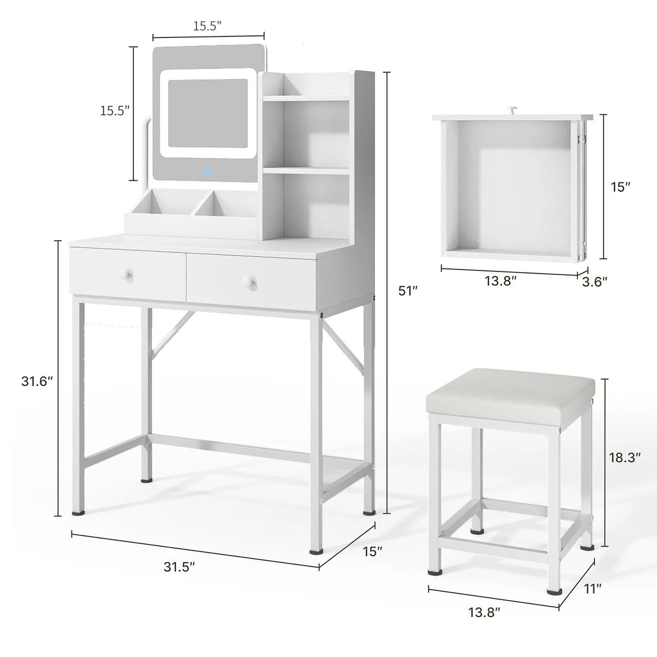 Makeup Vanity Desk with Mirror and Lights, 43.5�� Vanity Table with 5 Drawers & Storage Shelves, White