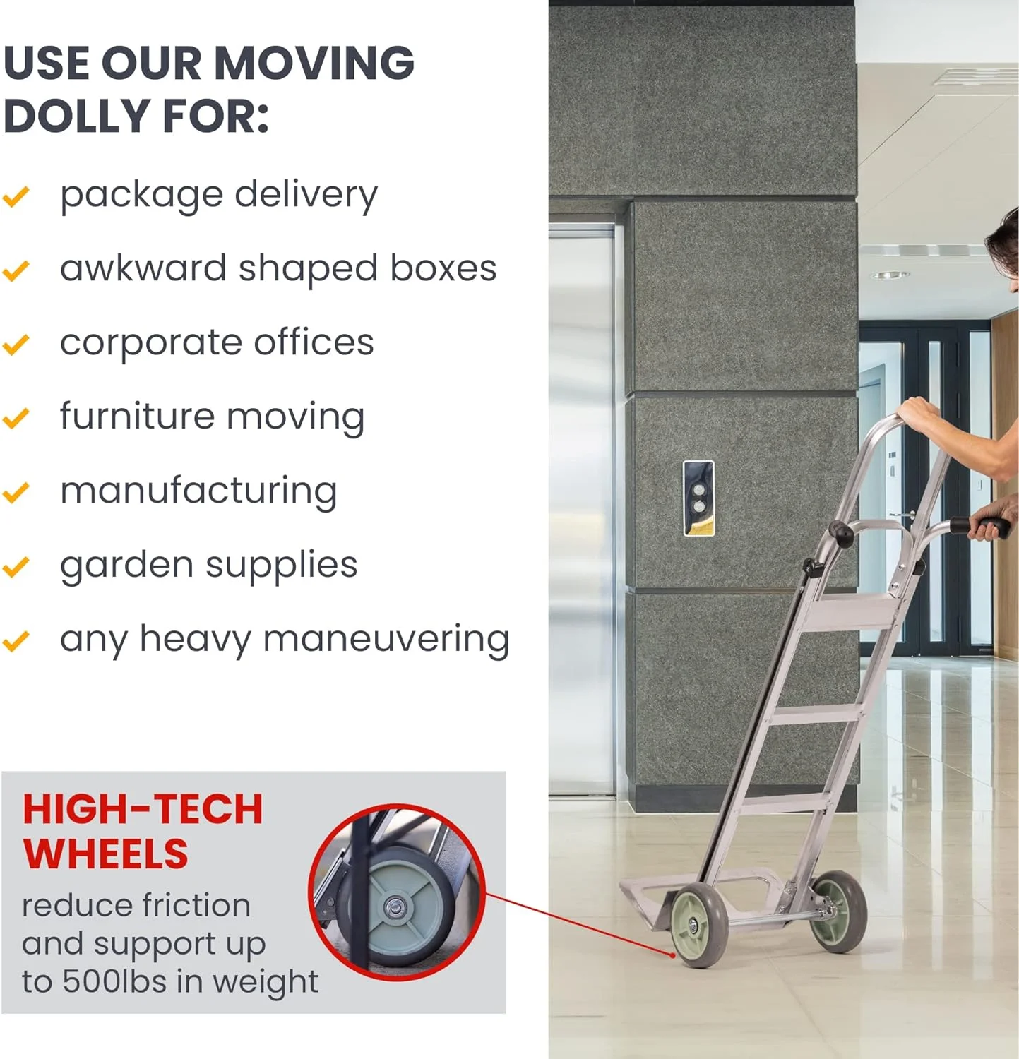 HaulPro Hand Truck 500-lb Capacity Dolly Cart with 8�� Rubber Dolly Wheels & 17.5�� x 9�� Nose Plate