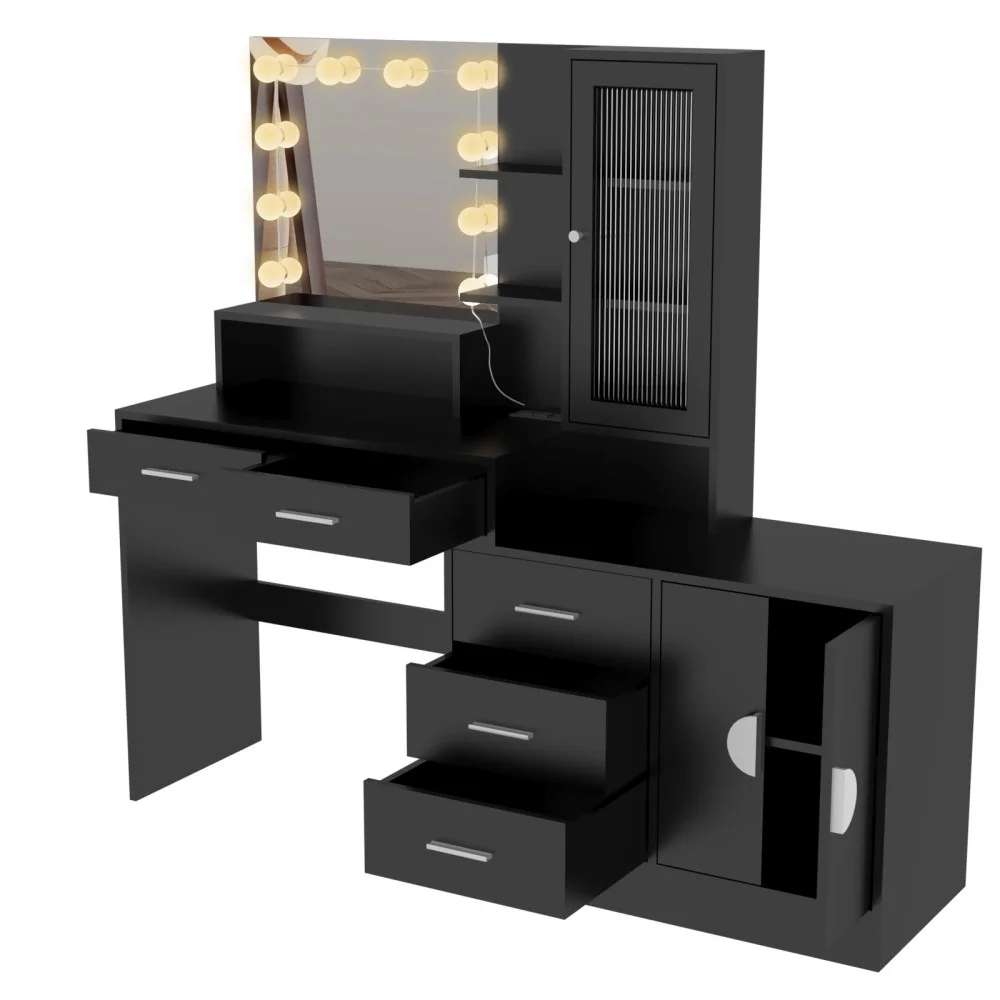 IVV Vanity Desk with Lighted Mirror and Charging Station, Makeup Dressing Table with 5 Drawers and Storage Cabinet, 10 LED Bulbs, 3-Color Lighting Modes, Brightness Adjustable, Black