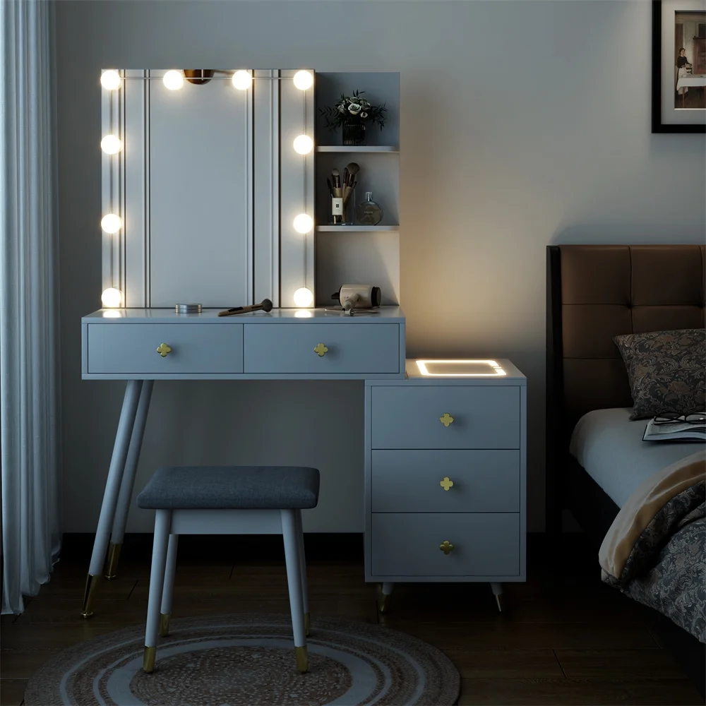 Tcbosik Makeup Vanity with LED Mirror & Charging Station, Vanity Desk with Ample Storage Space, Dressing Table with Shelves and 5 Drawers for Bedroom, White