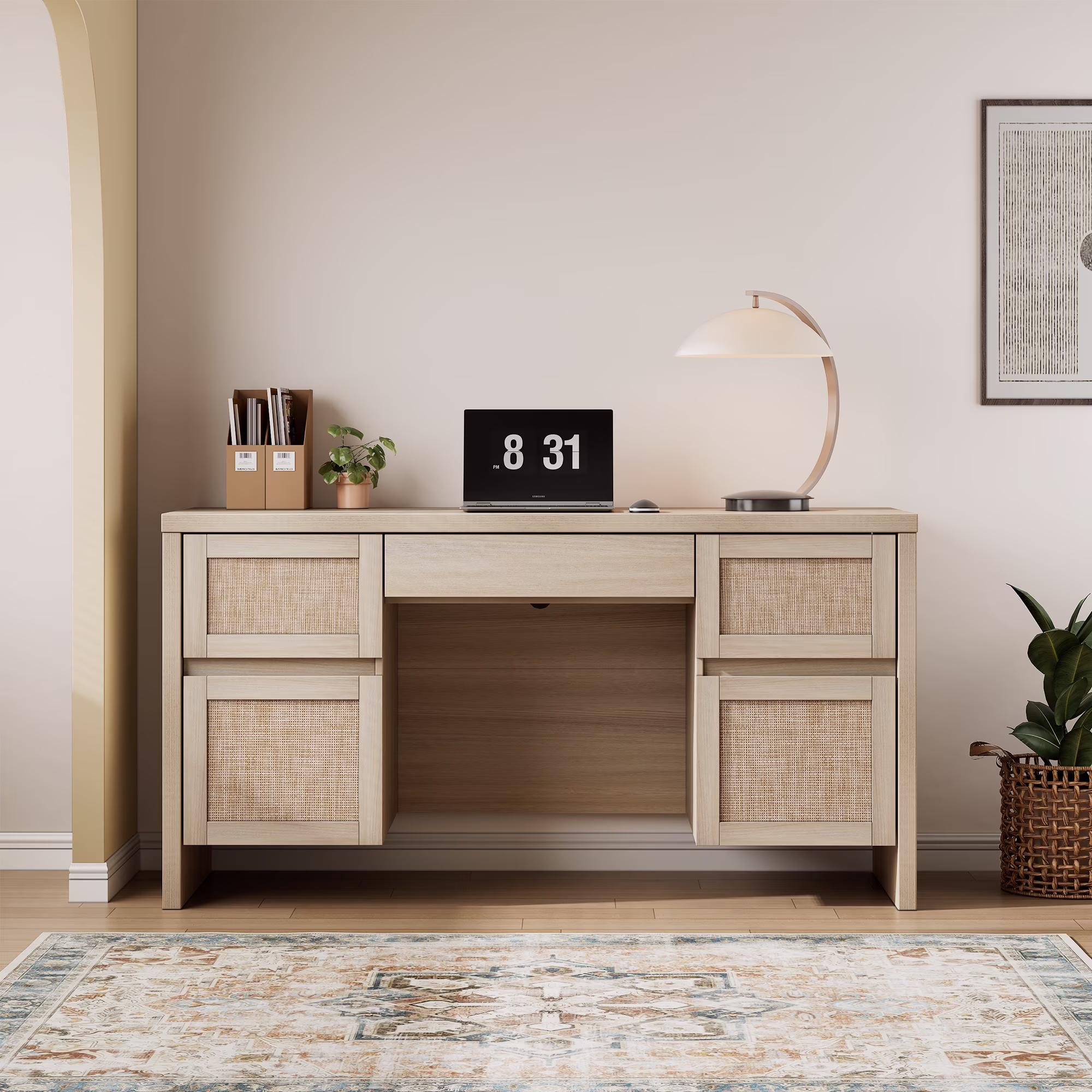 Brafab Home Office Desk with Charging Station, 5-Drawer Executive Desk with Rattan Front, Modern Farmhouse Computer Writing Desk, Built-in USB/Type-C Ports & Outlets