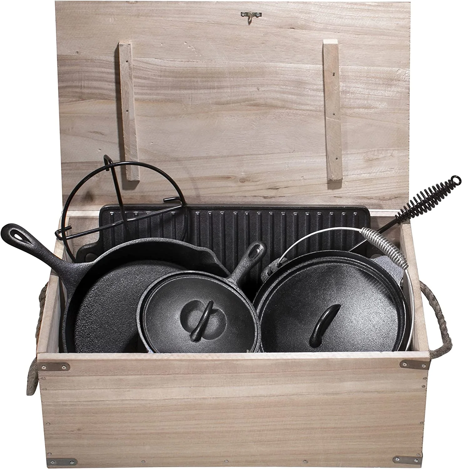 Bruntmor Camping Cooking Set Of 7 - Pre Seasoned Cast Iron Pots, Pans, and Dutch Ovens with Lids for Outdoor Campfire Cooking - Skillet Grill Cookware Set with Storage Box