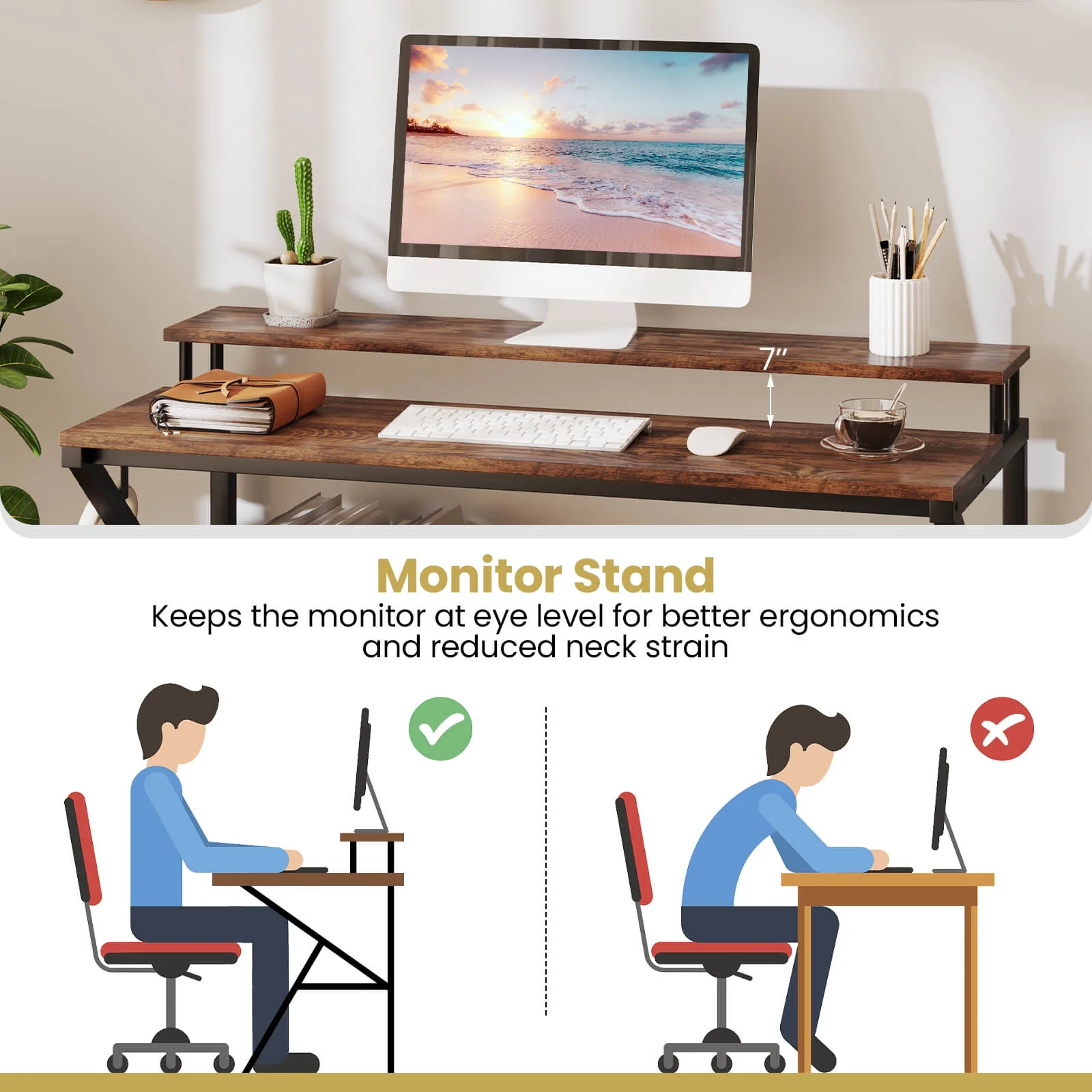 Costway Home Office Desk with Monitor Stand, Open Shelf & Metal Frame, Earphone Hook White
