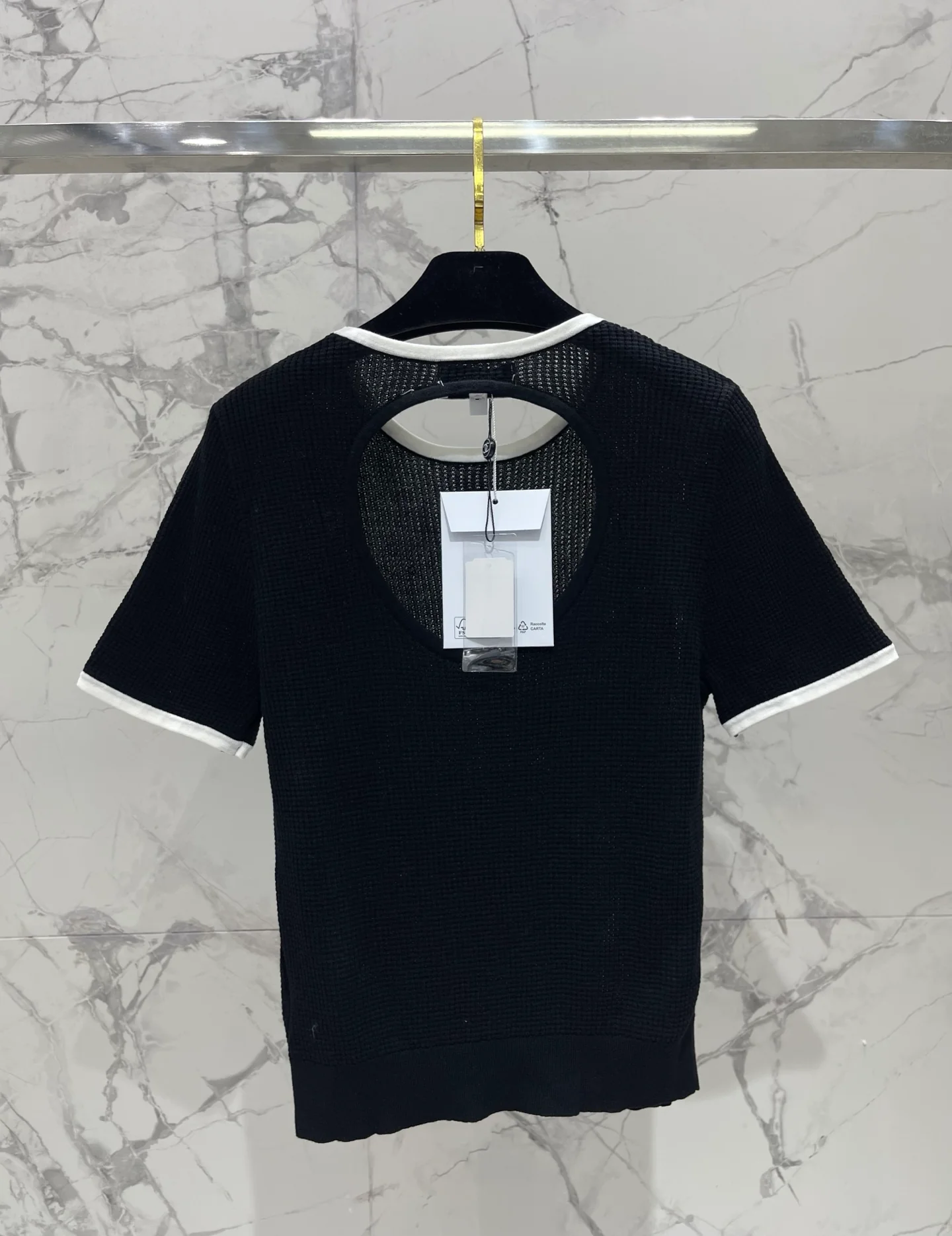 26NEW Color Block Hollow-Out Crew Neck Knit Short Sleeve