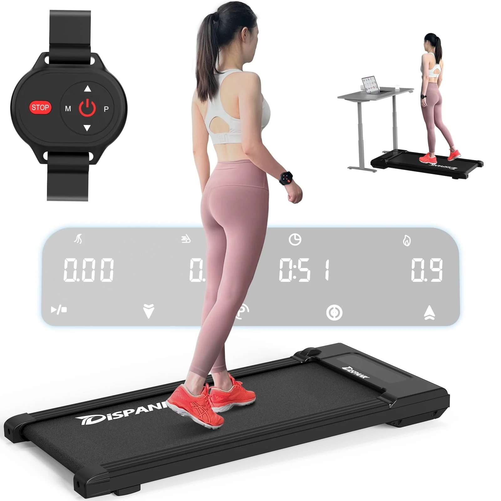 Under Desk Treadmill DISPANK 2 in 1 Walking Pad, Walking Treadmill for Home and Office, Remote Control and Large LED Dispaly, Speed Range 0-4MPH
