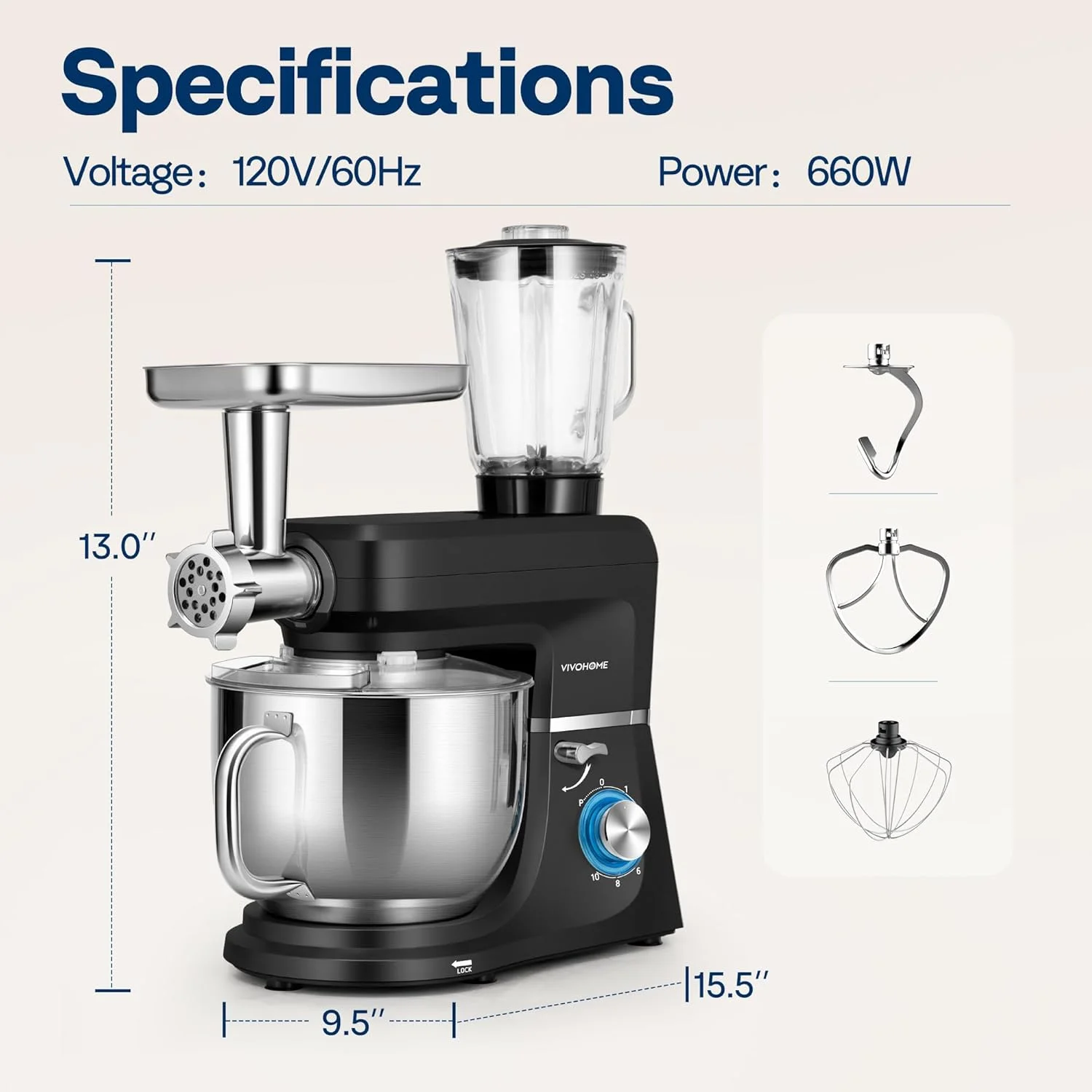 SPECSTAR 6 in 1 Multifunctional Stand Mixer with 8.5 Quart Stainless Steel Bowl, 660W 10 Speed Tilt-Head, Silver