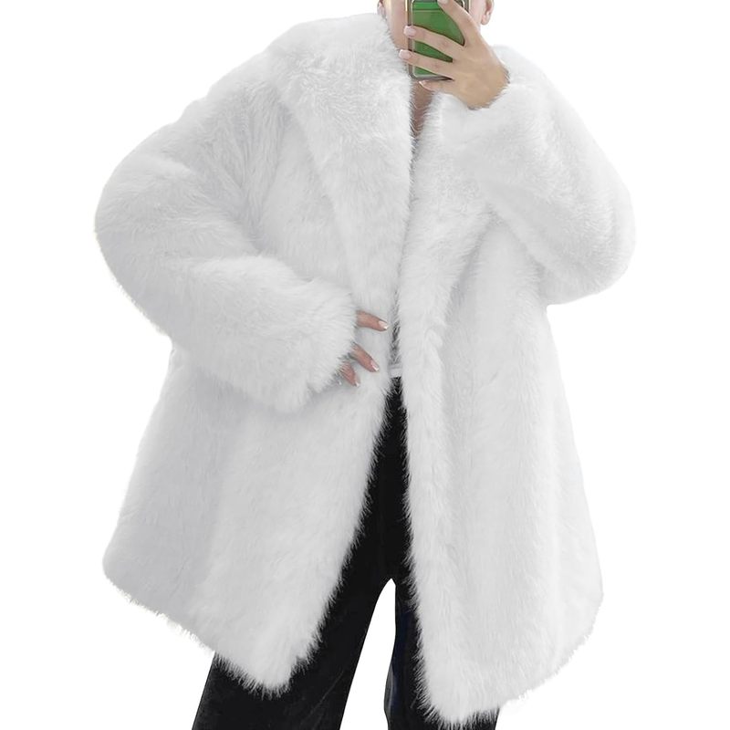 Women Faux Fur Coat Lapel Warm Open Front Winter Outerwear