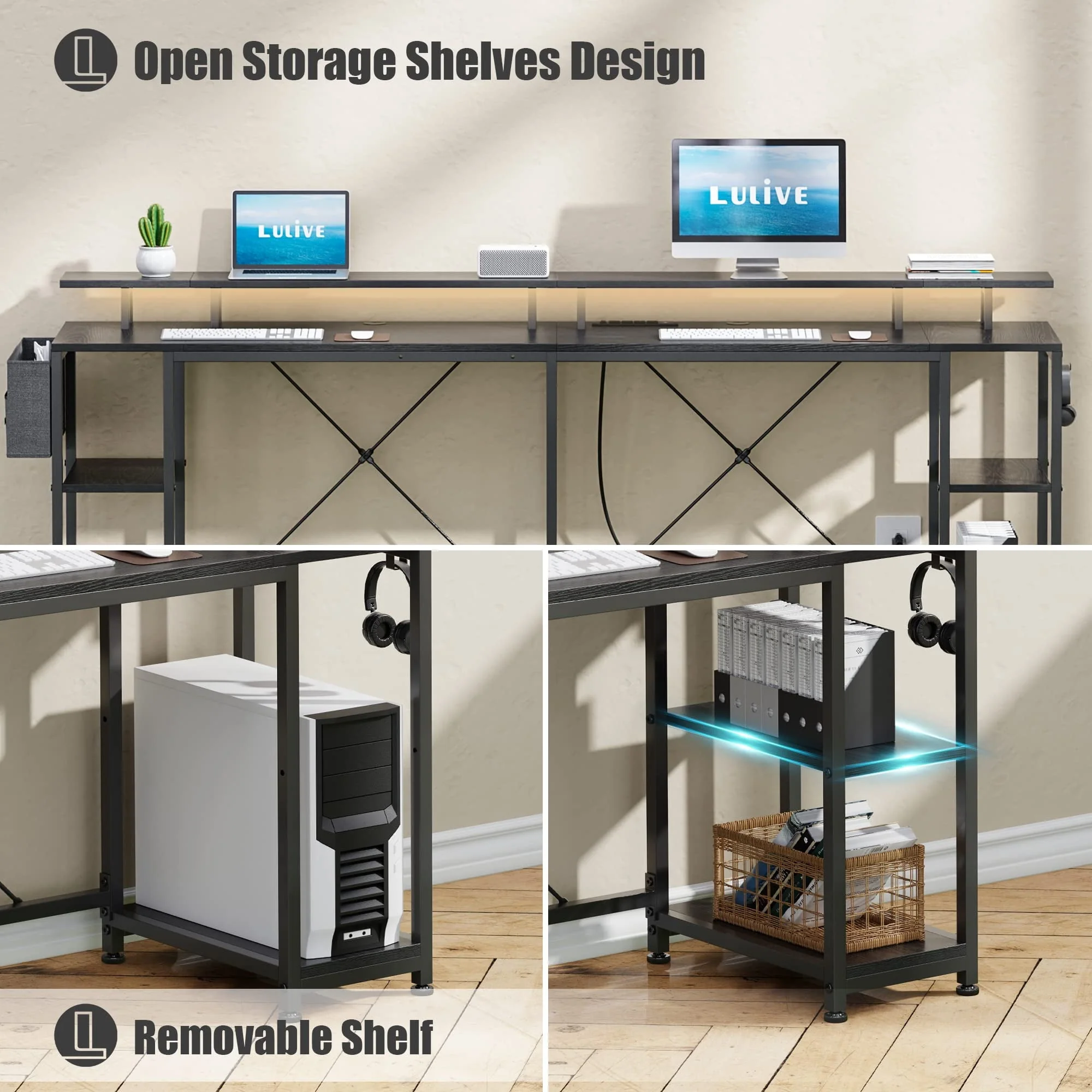Lulive 95” L-Shaped Computer Desk with LED Light Gaming Desk with Power Outlet, Home Office Desk with Monitor Stand, Storage Shelf and Storage Bag Corner Desk, Black