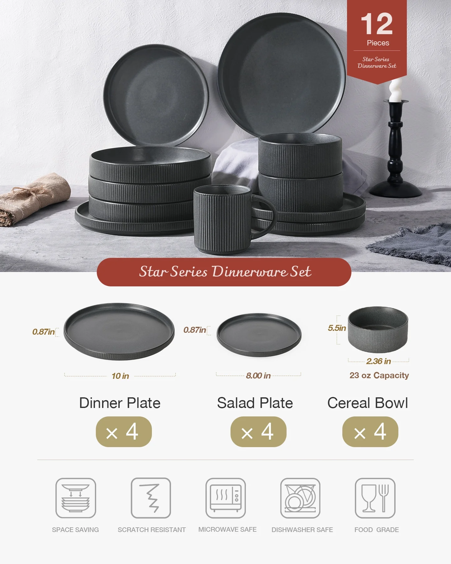 Famiware Star Stoneware Dinnerware Sets, Plates and Bowls Set for 4, 12 Piece Dish Set, Cappuccino White