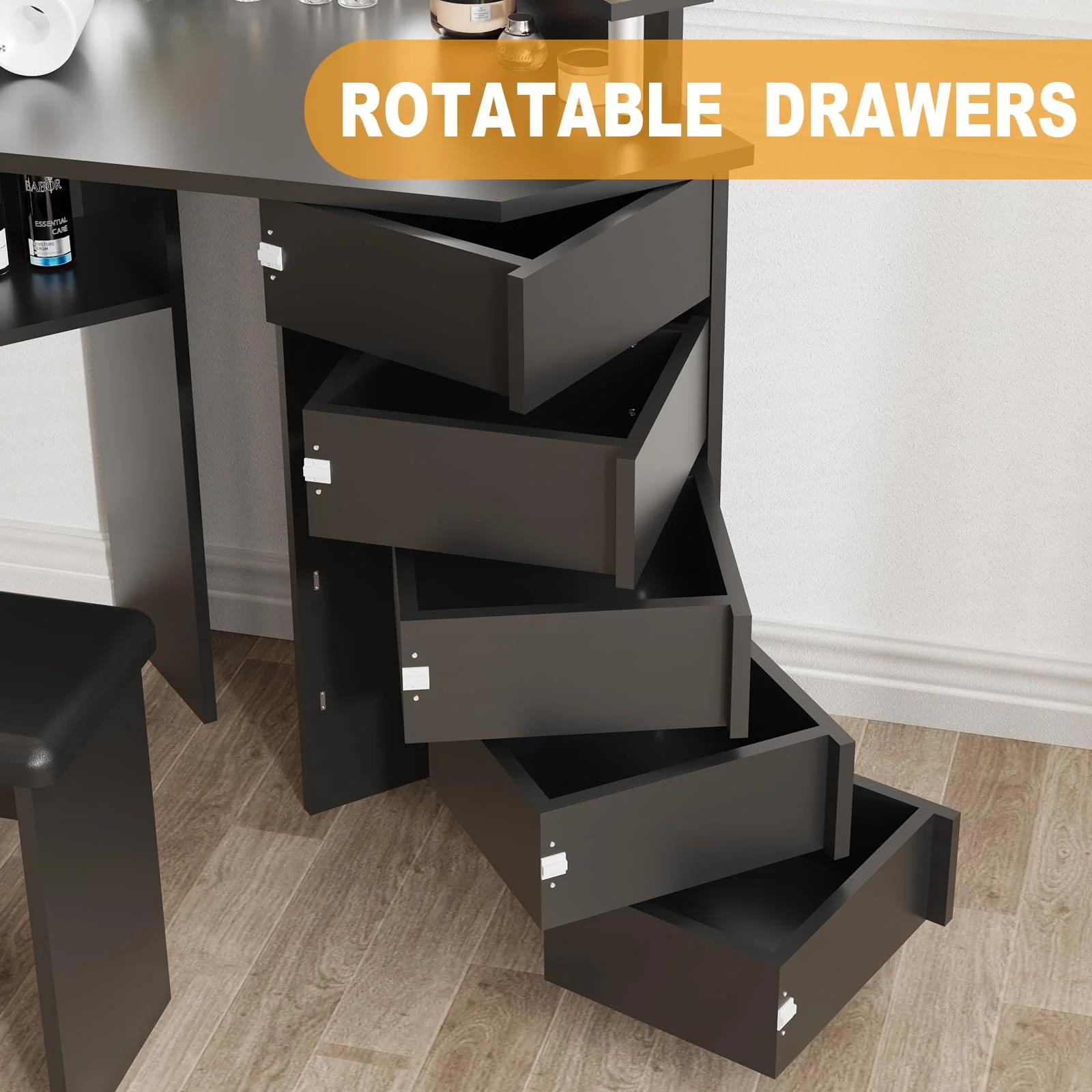 Ataucjin Makeup Vanity Desk With Lights Mirror & Power Outlet Corner Makeup Vanity Table With 5 Rotating Drawers Shelves And Stool 3 Color Lighting Makeup Table Bedroom Dressing Table