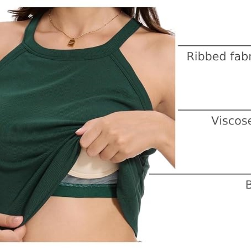 Women Ribbed Tank Tops Built in Bra Halter Tank Top Sleeveless Undershirt Tan