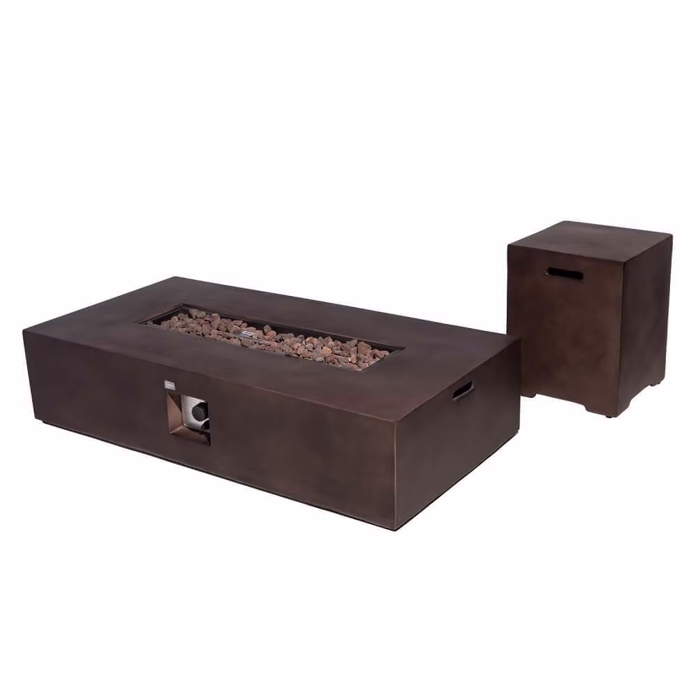 COSIEST 2-Piece Outdoor Rectangle Terrazzo White Propane Fire Table Set with Tank Cover Table