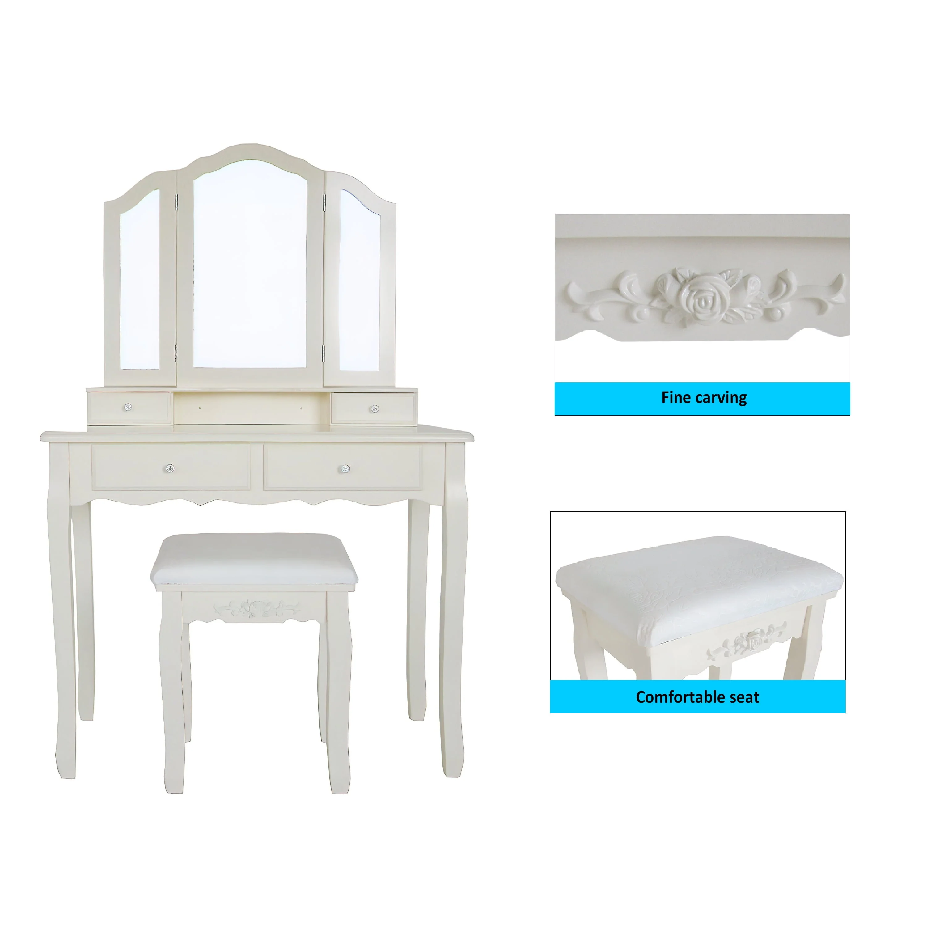 35 Inch 3 Piece Vanity Desk Set with Cushioned Stool and Elegant Trifold Mirror, 4 Drawers, Off White Solid Wood-Saltoro