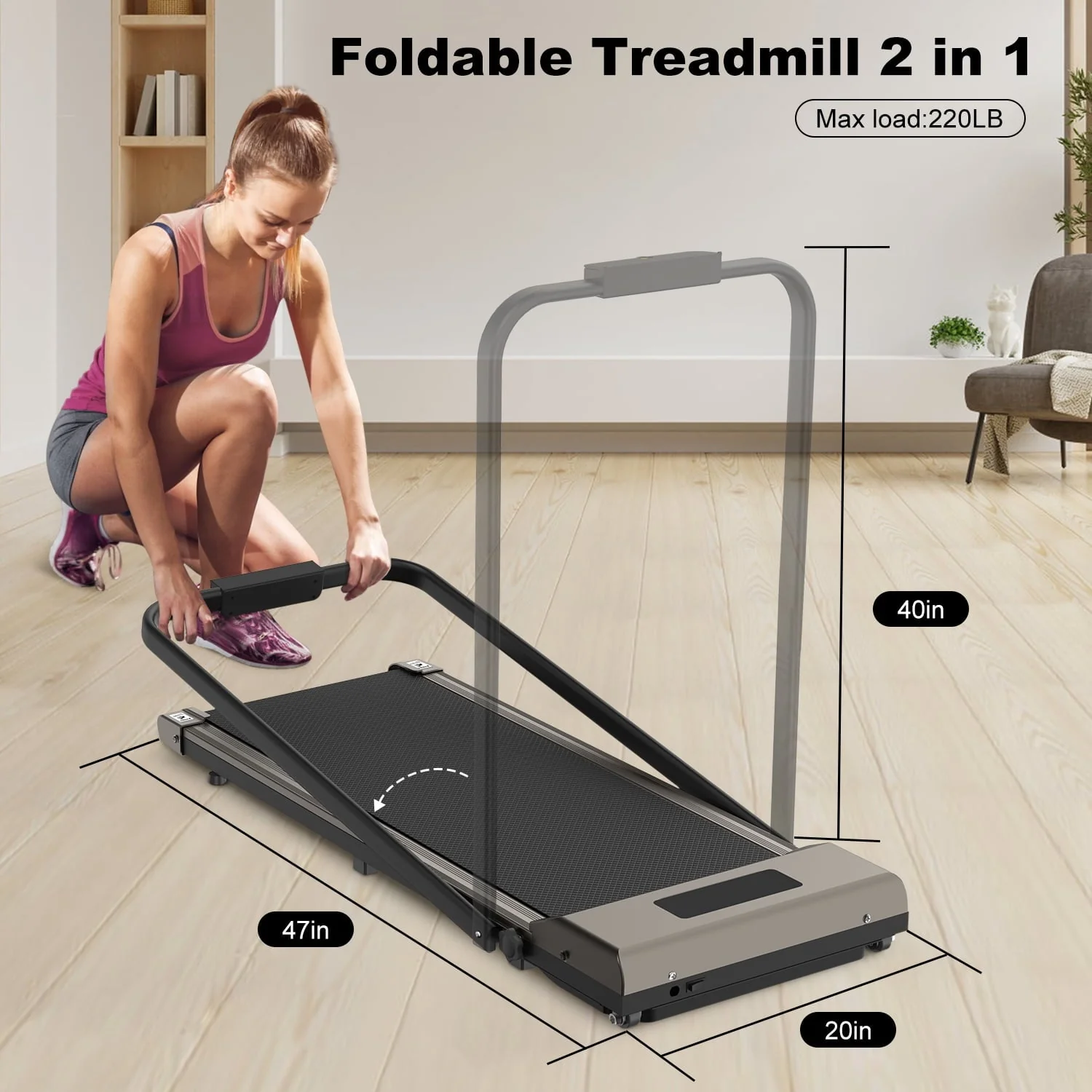 Bigzzia 2 in 1 Under Desk Treadmill, 2.5HP No Installation Portable Handrail Treadmills Running Machine, 6.25MPH, Treadmill with LED Display and Wireless Remote Control for Home/Office, 265 Lb