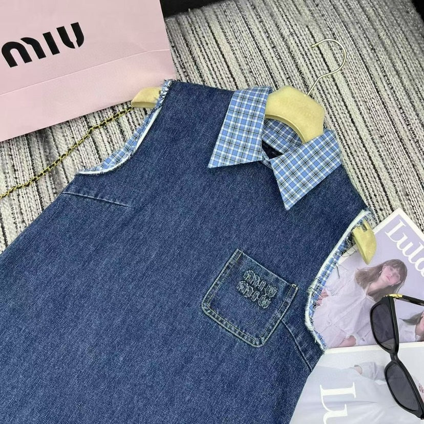 Pocket Letter Patch Embroidery Plaid Stitching Lapel Sleeveless Denim Vest Dress
