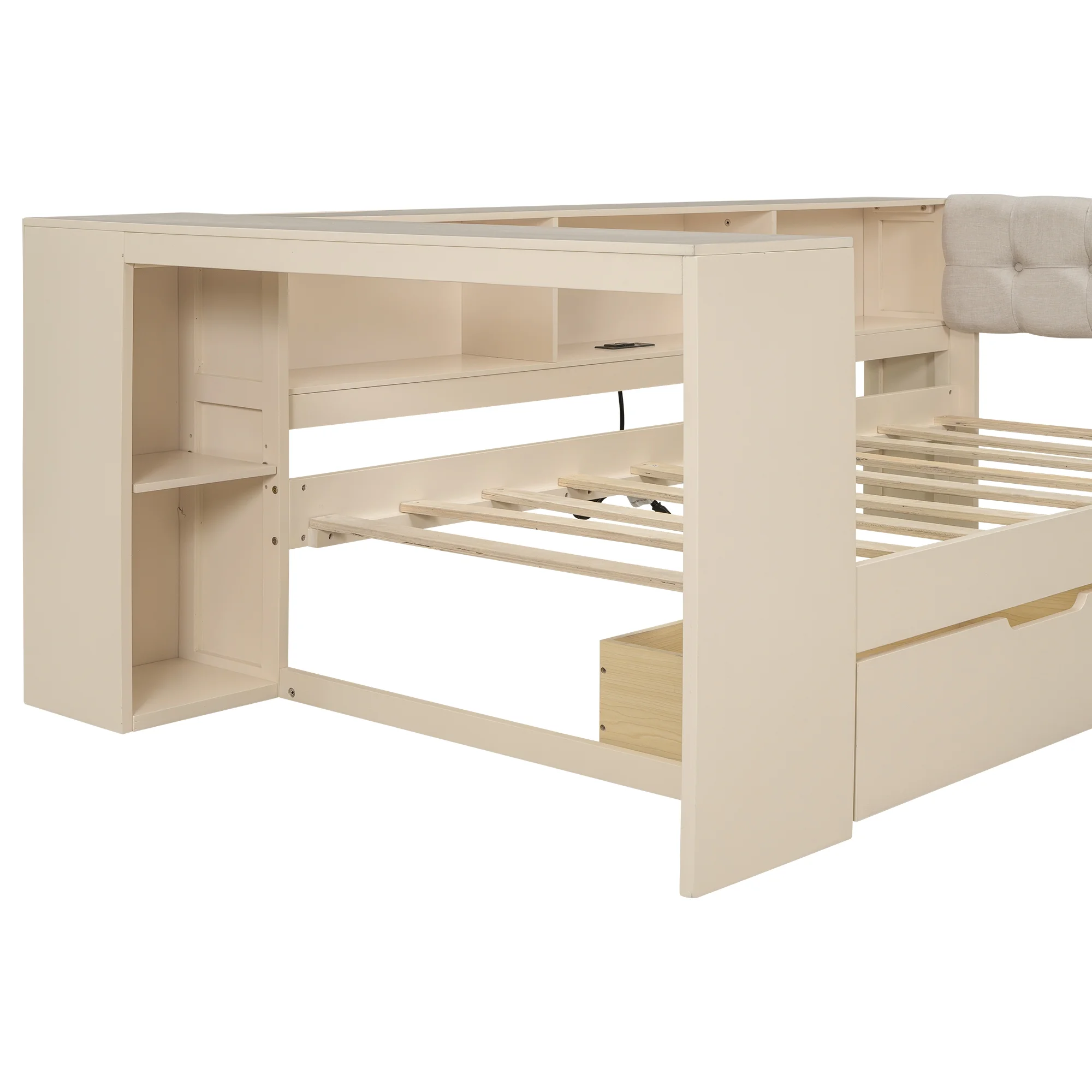 Euroco Wood Twin Size Platform Bed with Desk and Shelves, Drawers and USB Charging for Kids, Cream
