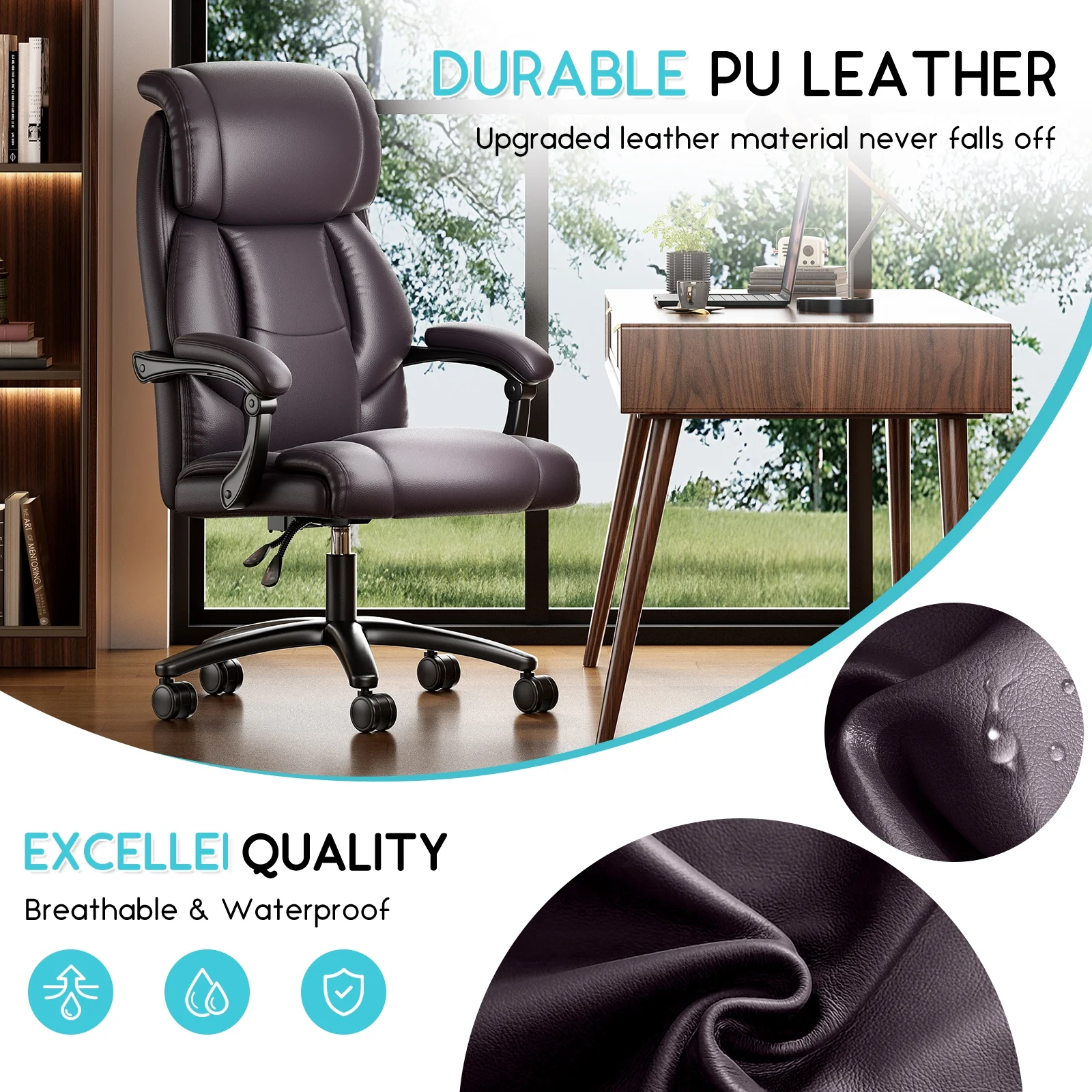 Solfway Big and Tall Office Chair 400LBS, High Back Black Leather Executive Office Chair, Computer Desk Chair with Adjustable Flip-up Arms, Wheels and Lumbar Support