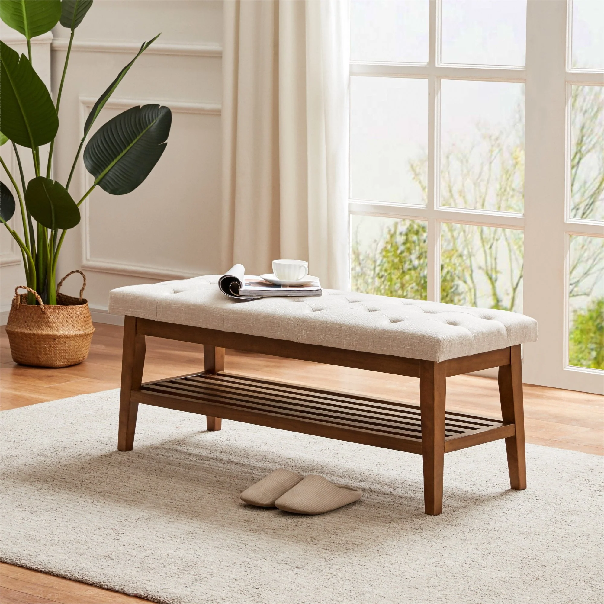 HUIMO Button-Tufted Bench for End of Bed, Entryway Bench with Upholstered Linen Fabric, Ottoman Bench for Living Room,Dining Bench for Kitchen(Beige)