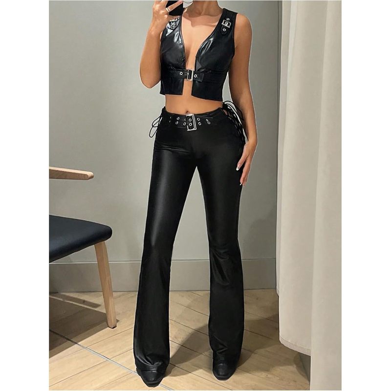 Women's Faux Leather Flare Pants Lace