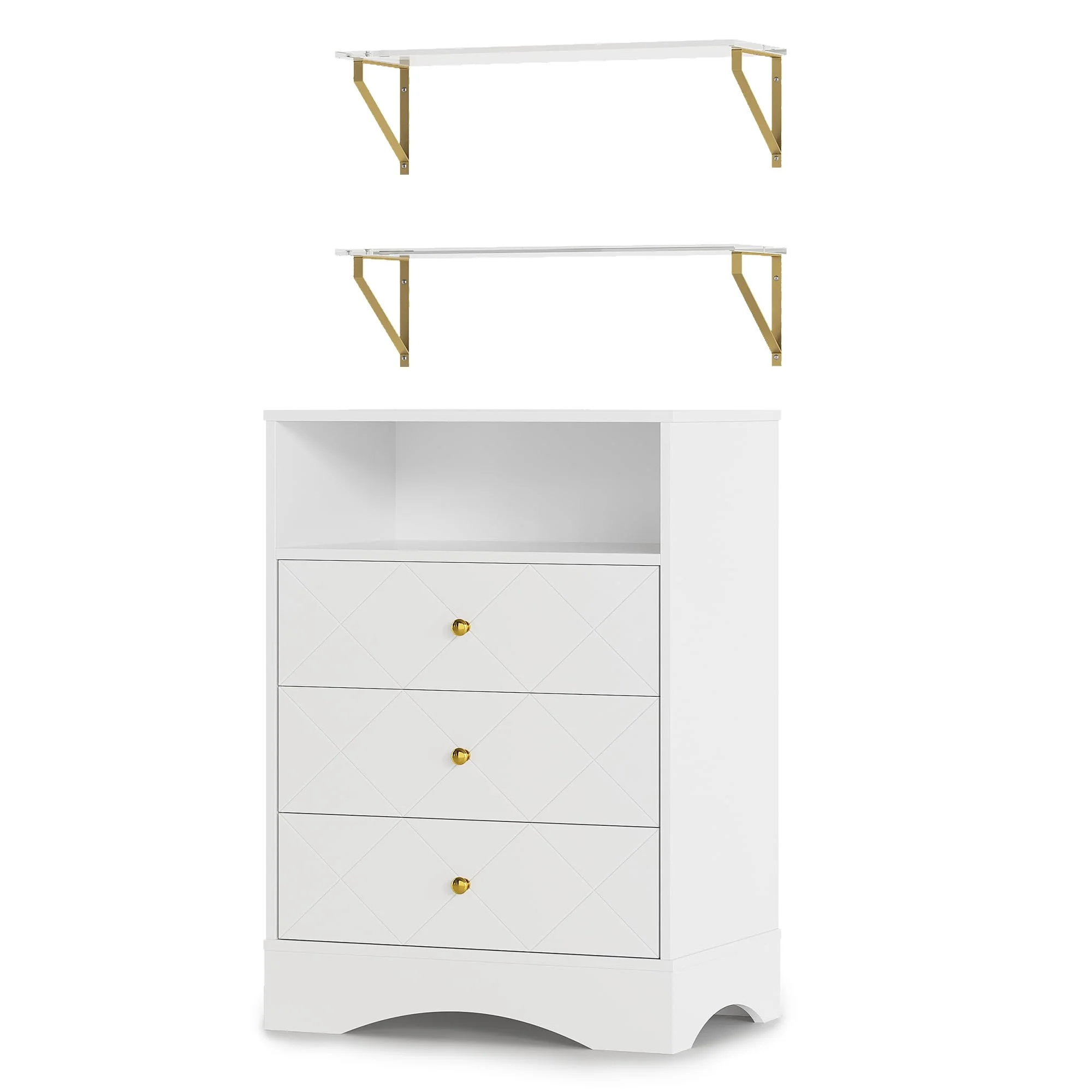 May Color Large White 3 Drawer Dresser Set of 2 with Fluted Panel, Modern Chest of Drawers with Silent Slide Drawers, Wood Accent Nightstand with Storage for Bedroom Living Room, Hallway