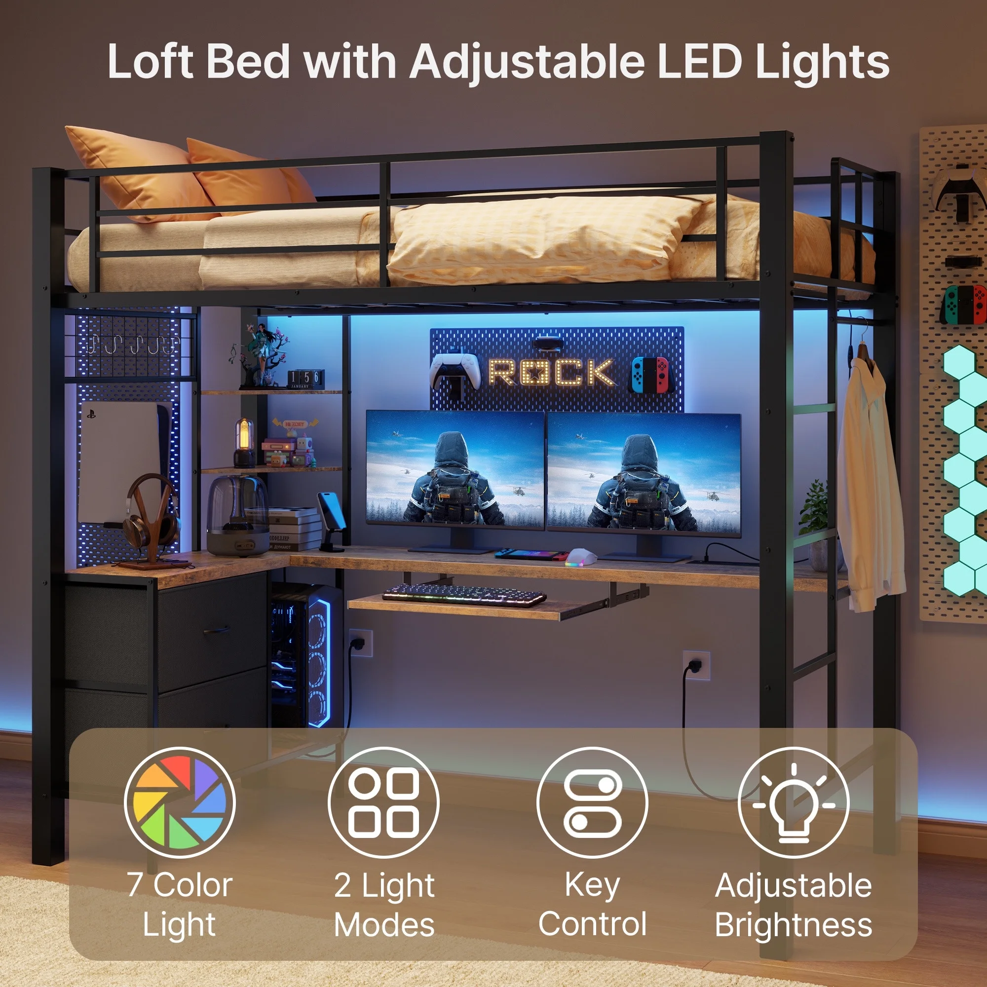 Loft Bed Frame with L-Shaped Writing Desk with Storage Drawers and Shelves, Lofka Twin Metal Bed with LED Lights and Charging Station, Retro Brown Board