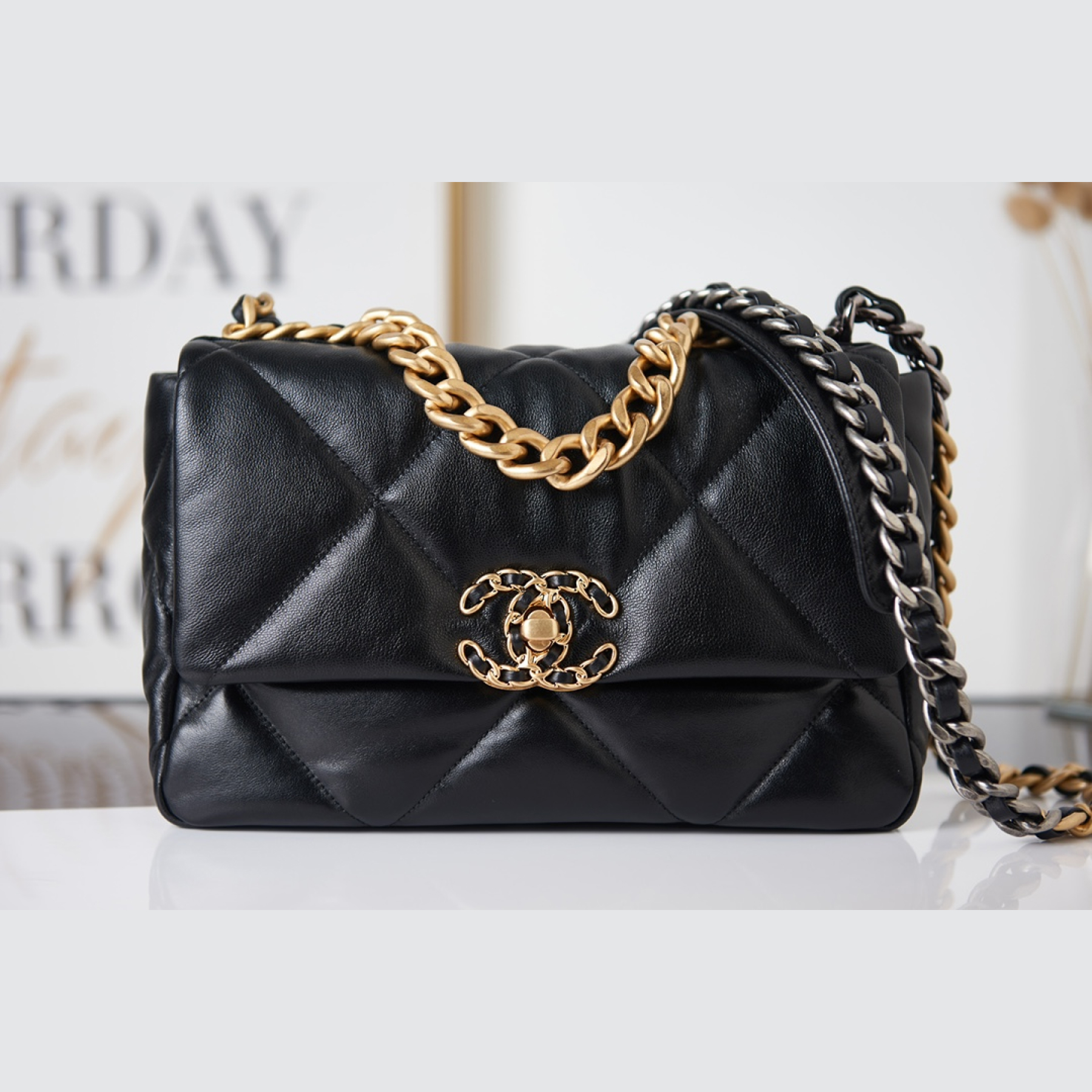 Chanel Calfskin Quilted Large Chanel 19 Flap Black -Golden - Bag
