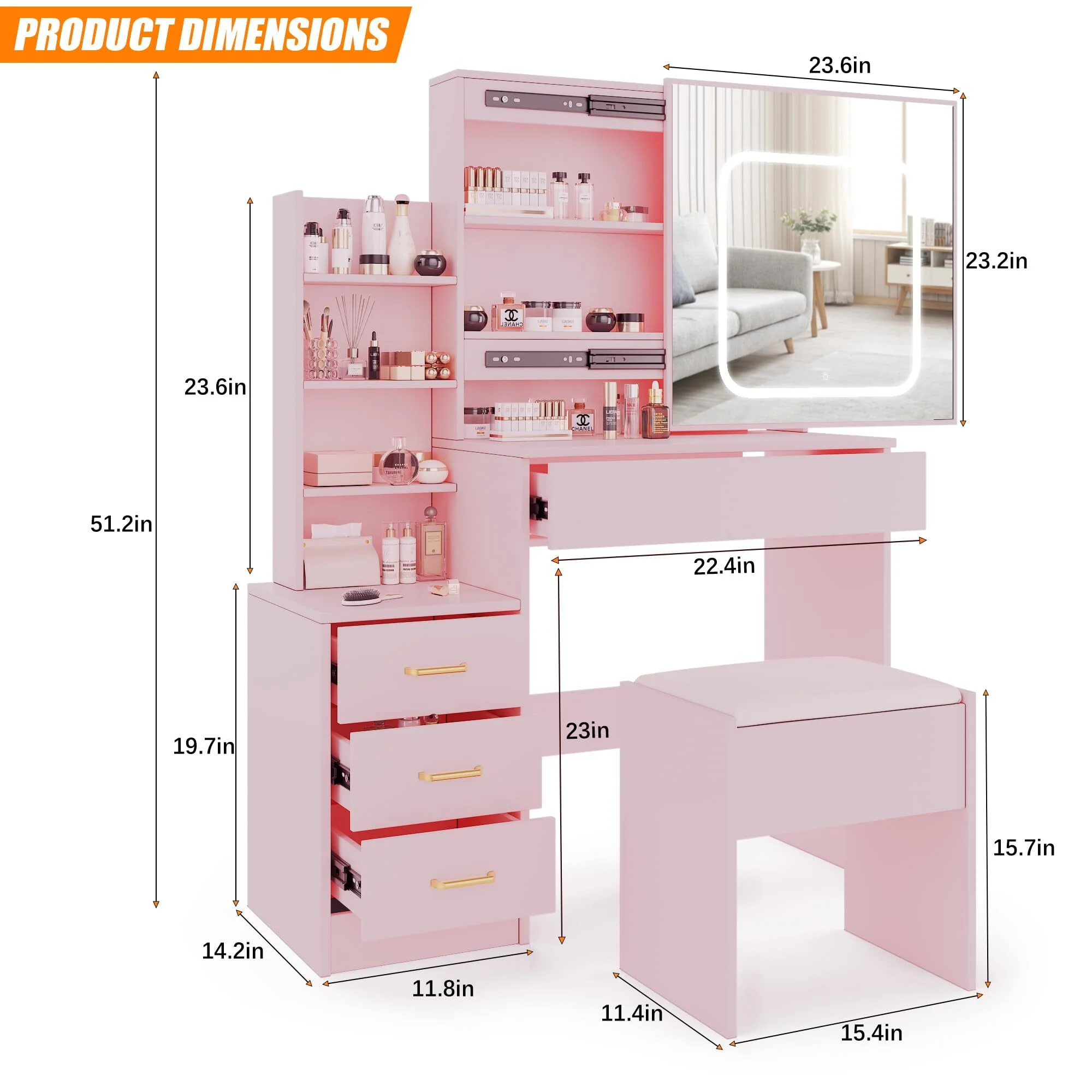 Vanity Desk with Sliding Mirror & Lights, Makeup Vanity Set with Charging Station 4 Drawers 7 Shelves, Large Vanity Set with Cushioned Stool for Bedroom, White