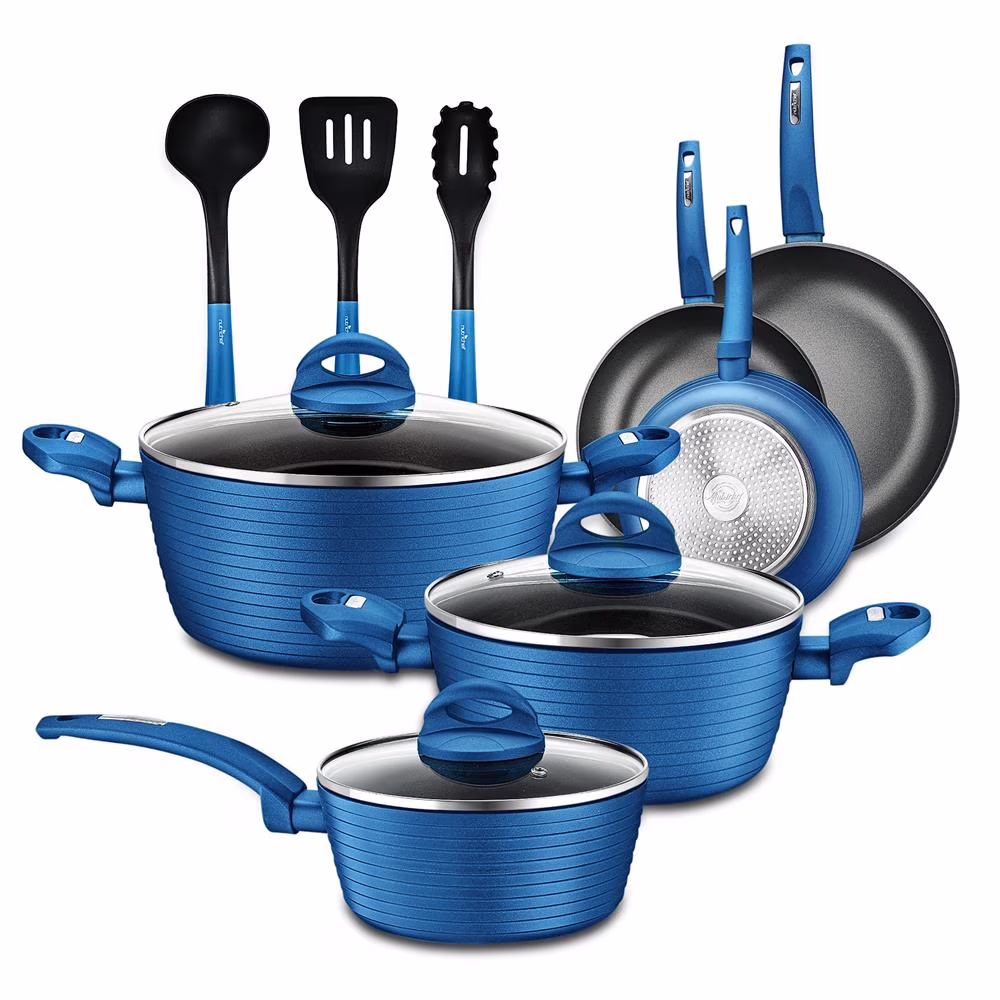 NutriChef Ridge Line Nonstick Kitchen Cookware Pots and Pan, 12 Piece Set, Gray