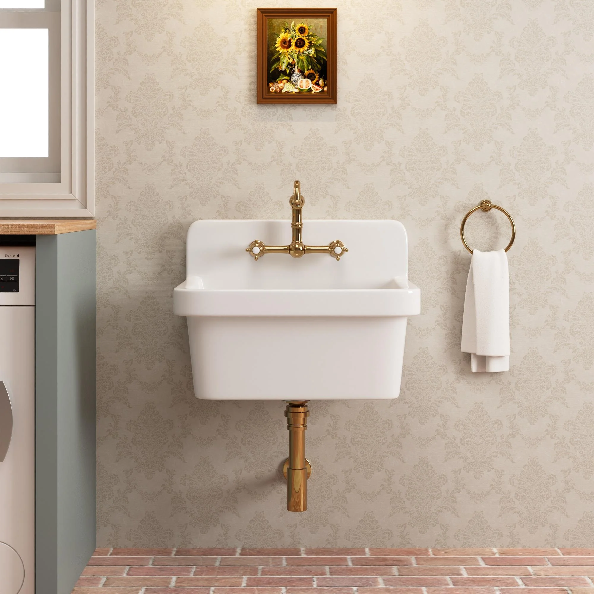 24 in. L Wall Mount Laundry/Utility Sink in White Single Bowl Sink for 2-Hole Faucet