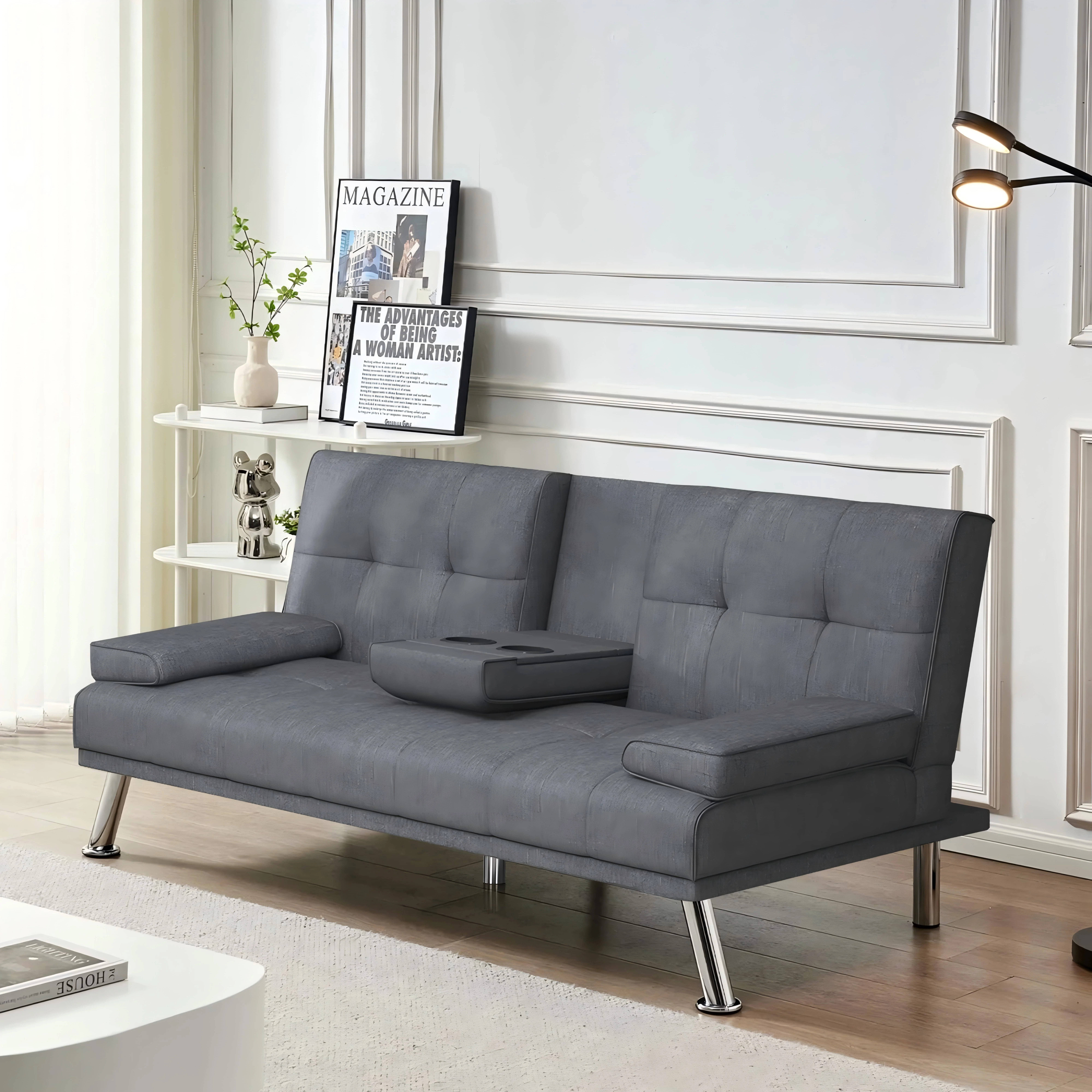 BEABA Futon Sofa Bed Modern PU Faux Convertible Couches with Cup Holder and Pillows Folding Furniture Upholstery