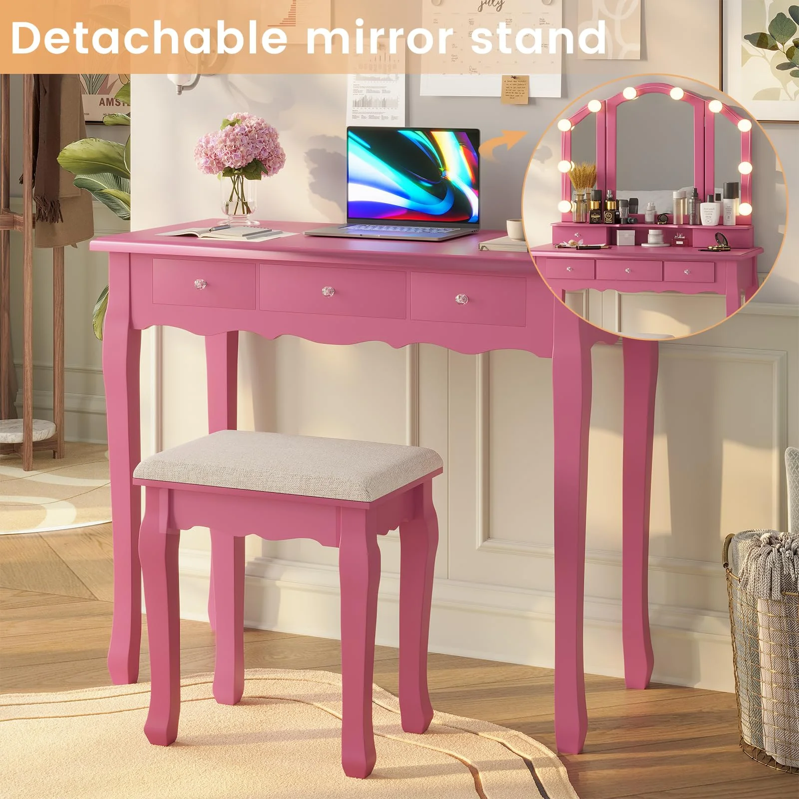 Afuhokles Vanity Table Set with Lighted Tri-Fold Mirror and Stool, Makeup Vanity Dressing Desk 5 Drawers, White