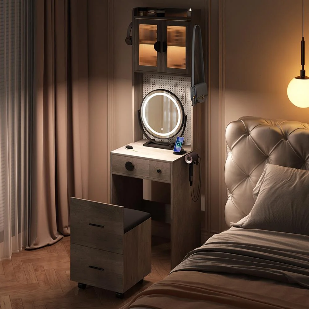 EDOEMSE Table & Chair Vanity Set, Vanity Set,Small Vanity Desk with Mirror and LED Lights, Makeup Table with Charging Station and drawers,Gray
