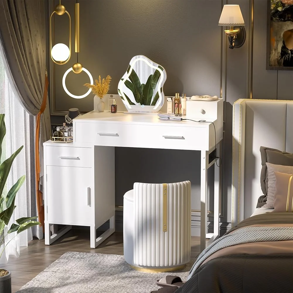 Vanity Desk With 4 Drawers and Cabinet, Makeup Vanity Table With Charge Station Socket, Small Space Makeup Bedside Cupboard, Gift for Her Choice, Suit for Apartment/Dorm/Bedroom, Cute Pink