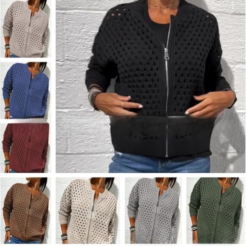 Women's Casual Hollow Knitwear Zipper Jacket, Crochet Fishnet Knit Shrugs Sweater Jacket Lightweight Cardigans Sweater