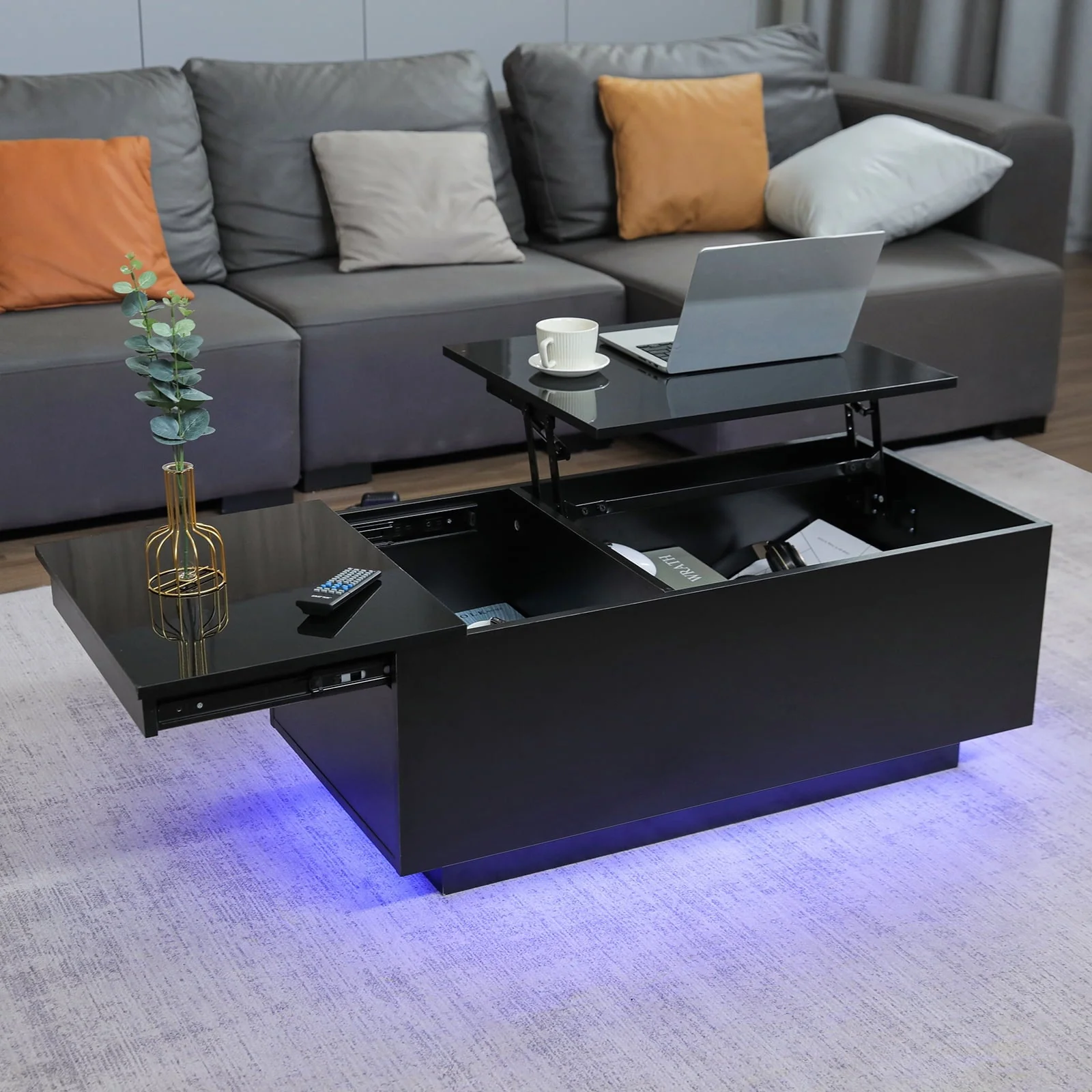 Hommpa LED Lift Top Coffee Table with Charging Station High Gloss Rectangle Center Tea Desk Black Hidden Storage Rising Dining Cocktail Tables Living Room