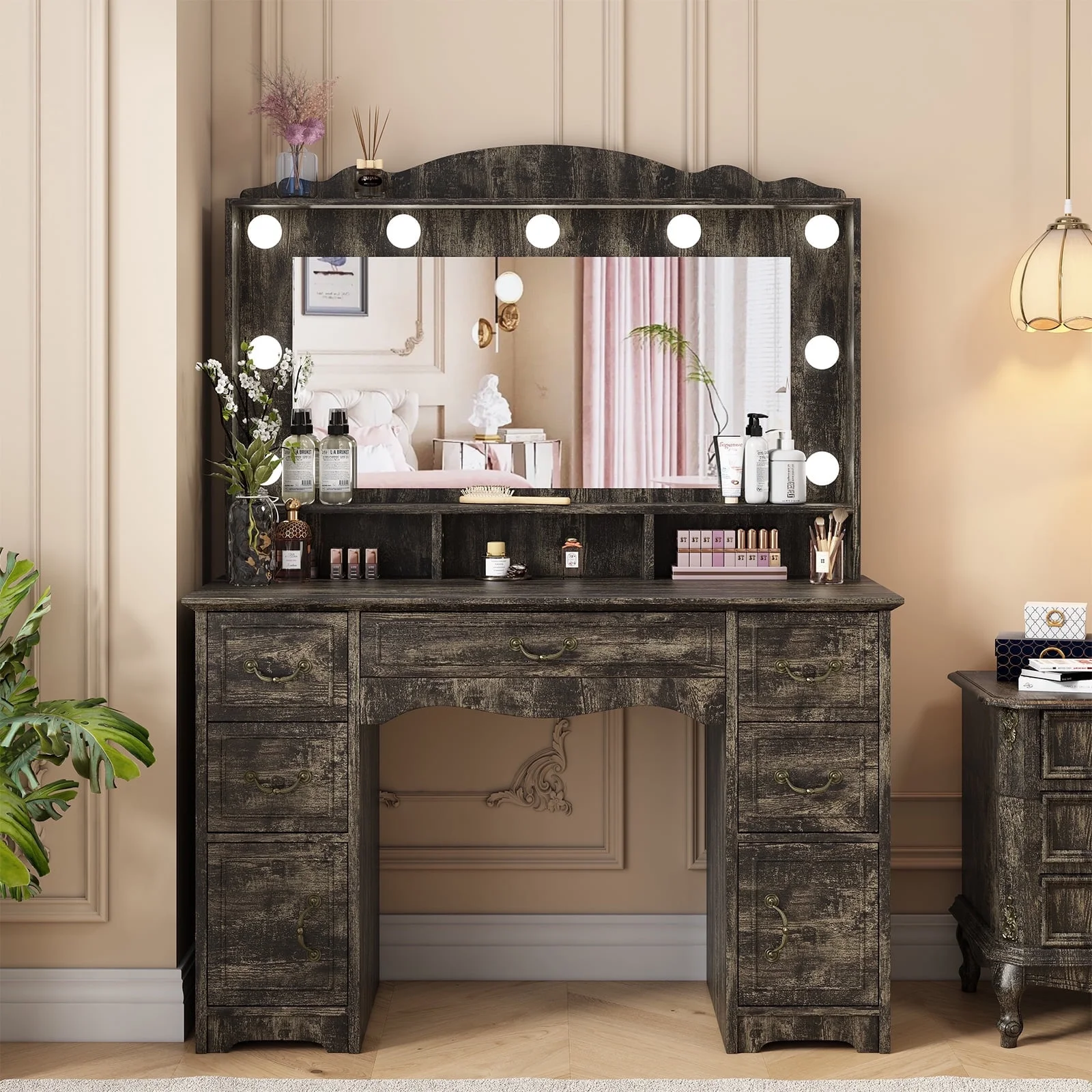 Vanity Desk with Mirror and Light 1 Piece Bohemian White Vanity Table,French Country Style