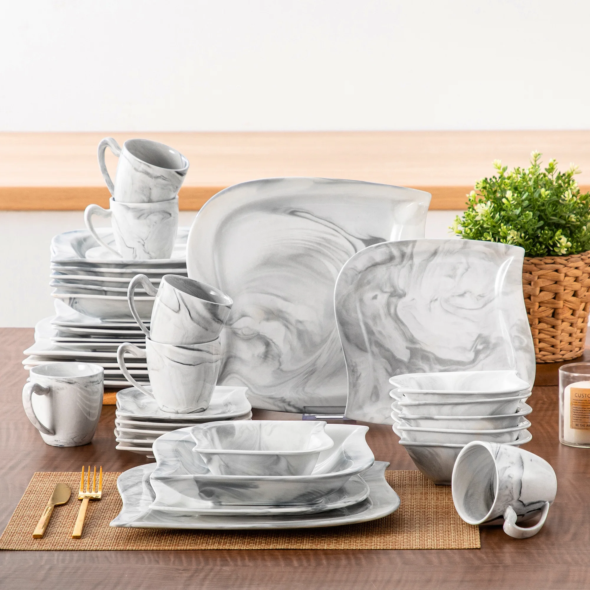 vancasso 36 pcs Dinnerware Sets, Plates and Bowls Set for 6, Porcelain Dinner Set, Marble Gray