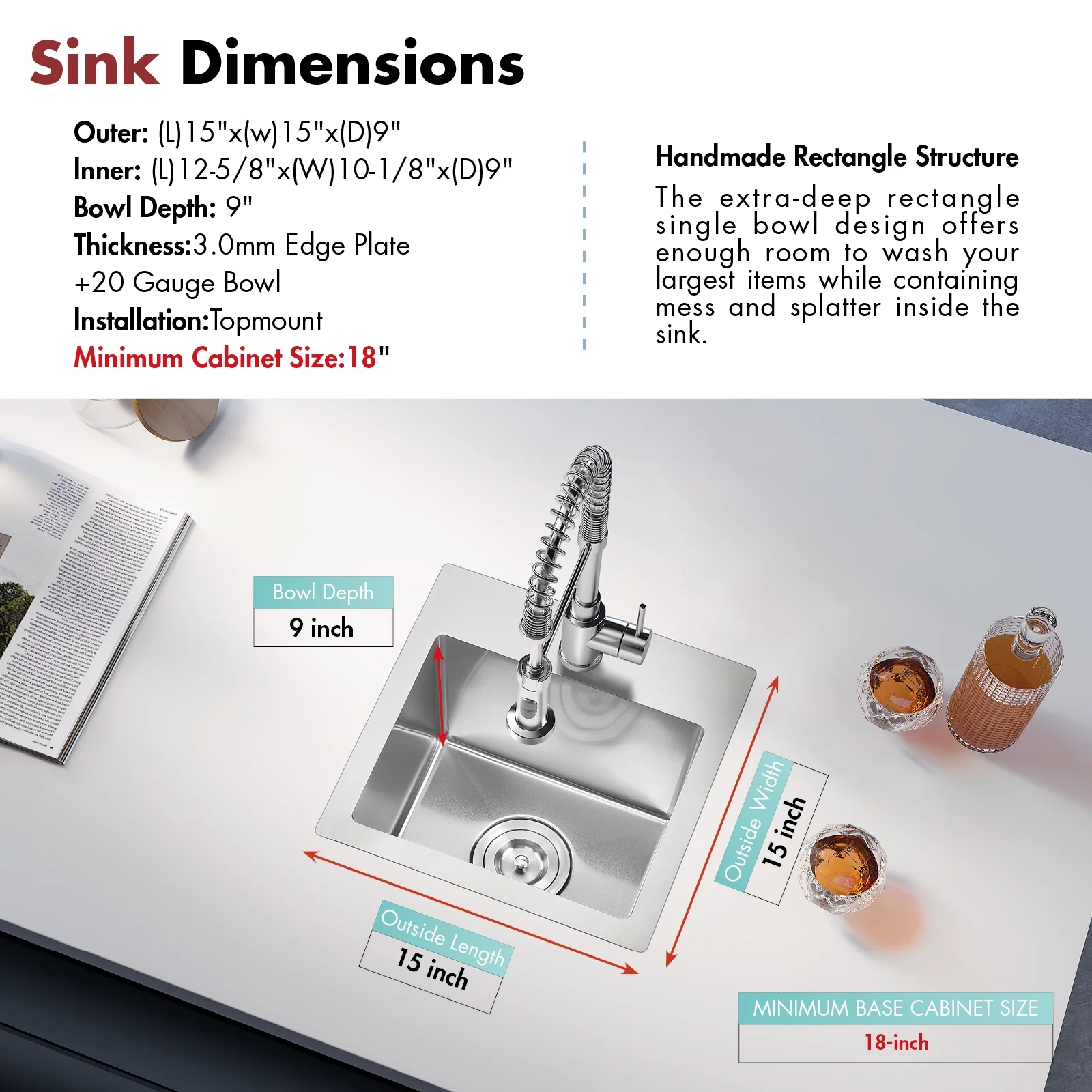 15''L x 15''W Scratch-Resistant Nano Drop in Single Bowl Bar Sink With Strainer