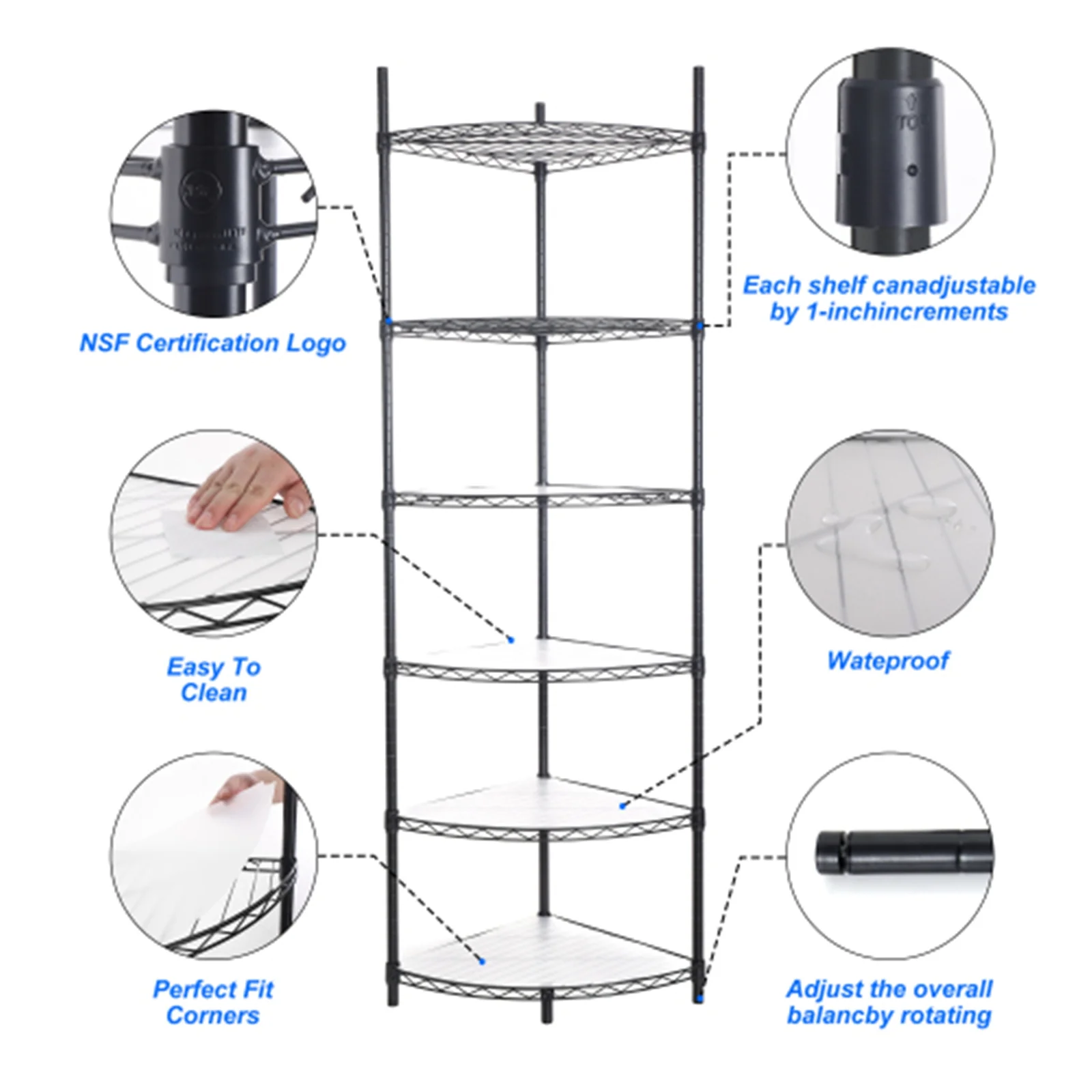 6 Tier Corner Storage Shelves, Wire Shelving Unit, Adjustable Metal Heavy Duty Free Standing Corner Storage Display Chrome Rack for Laundry Bathroom Kitchen Pantry Closet, Chrome