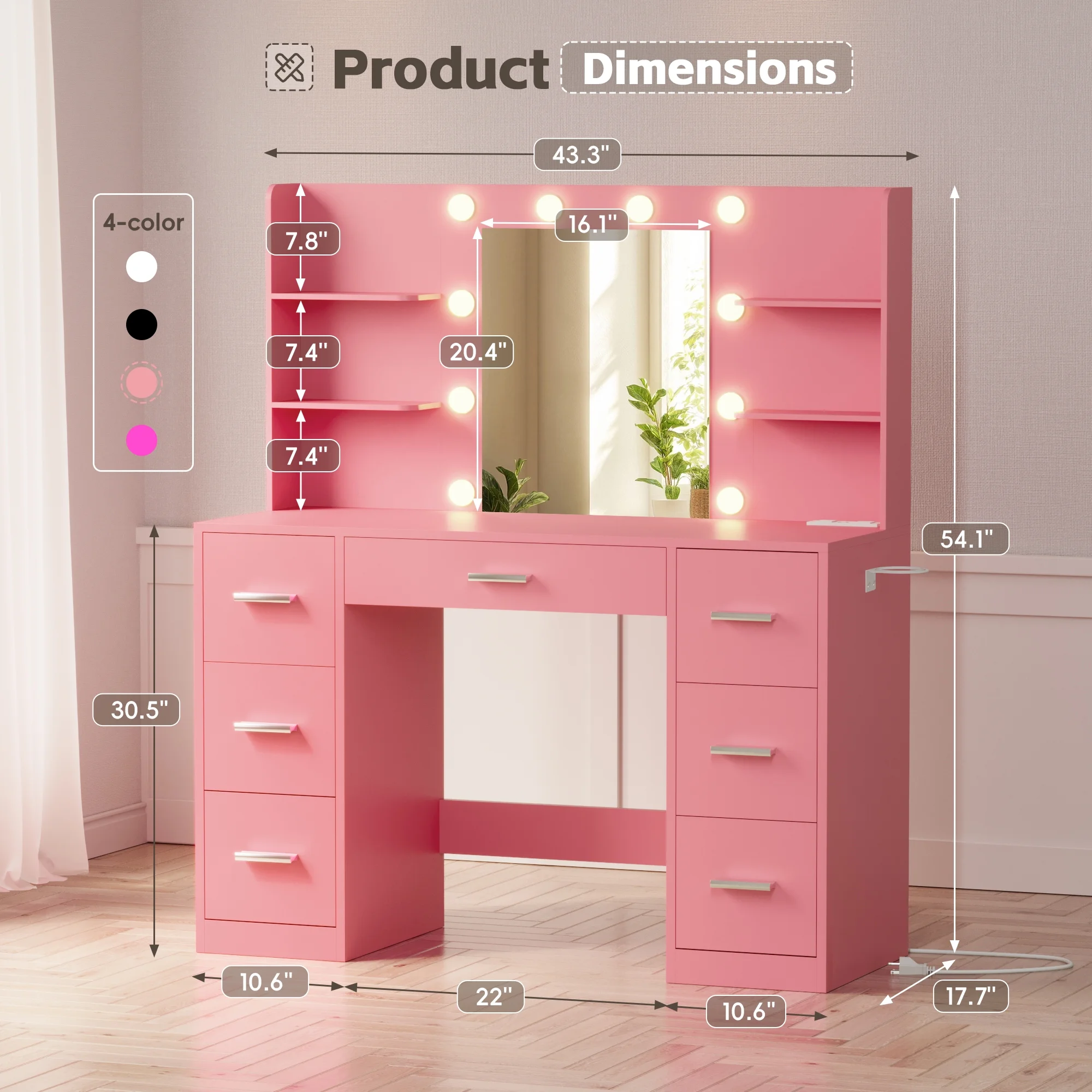 Lacoo Vanity Desk with Mirror and LED Lights, Makeup Vanity with 7 Drawers & 4 Shelves, Vanity Table with Power Outlet for Bedroom Dressing Room, White