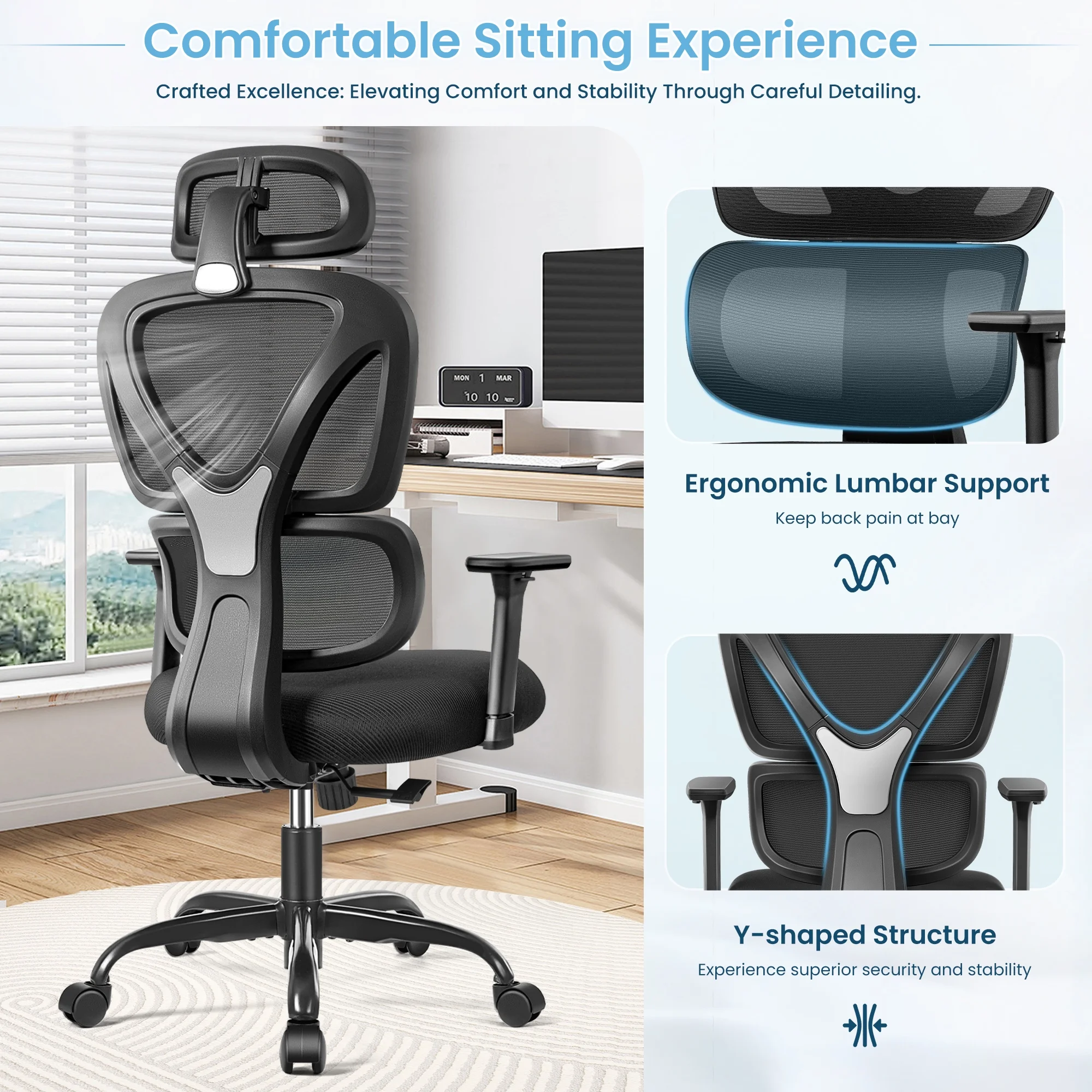 COOLHUT Ergonomic Office Chair, High Back Adjustable Computer Desk Chair with Lumbar Support, 500lb, Black