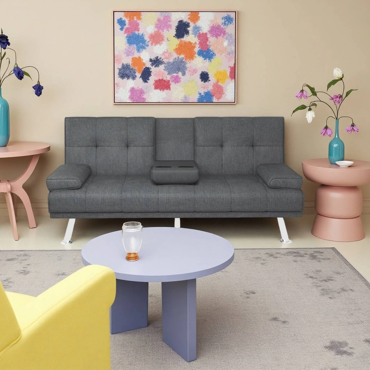 BEABA Futon Sofa Bed Modern PU Faux Convertible Couches with Cup Holder and Pillows Folding Furniture Upholstery