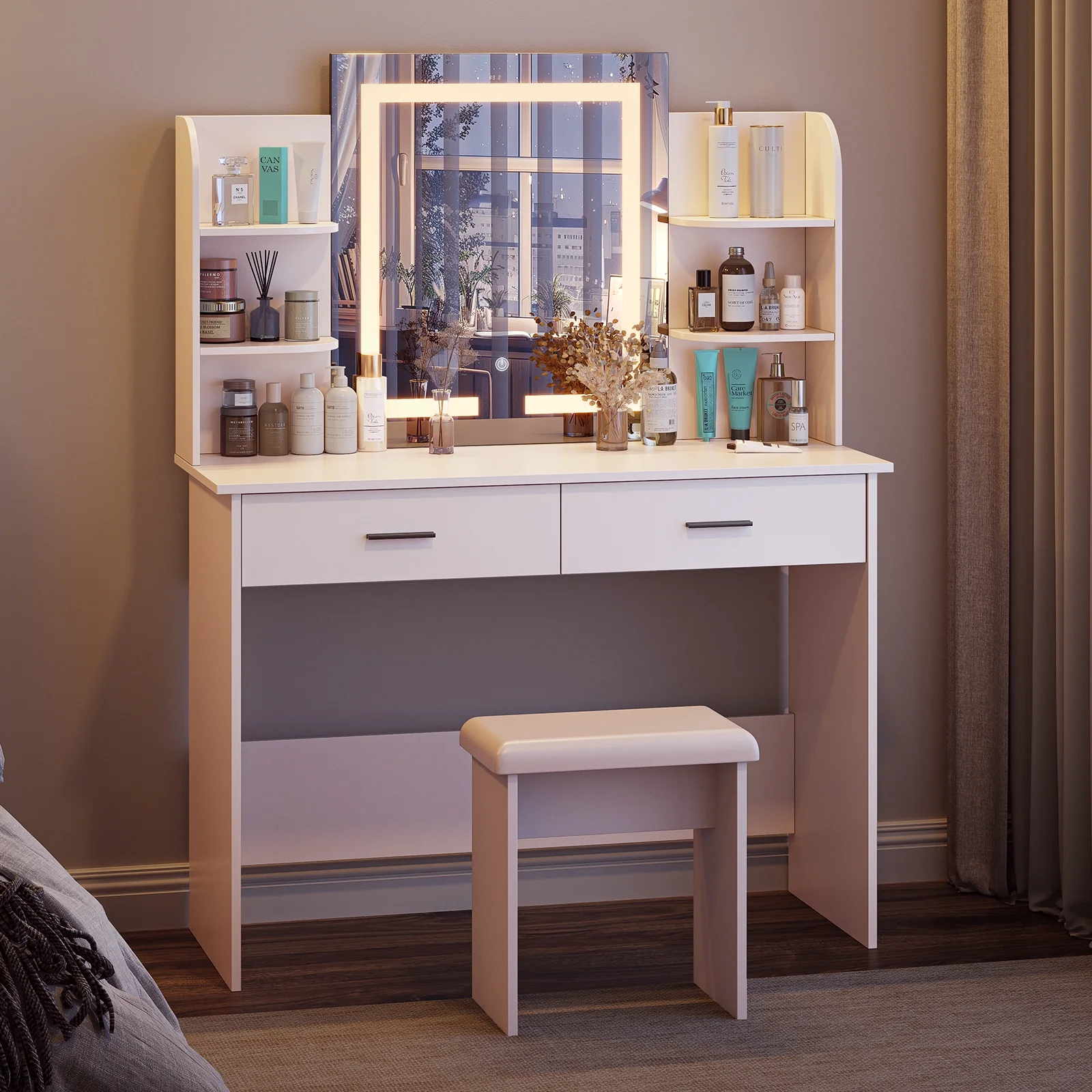 Vanity Desk with Chair, White Makeup Desk Set with Mirror & LED Lights, Vanity Table with Power Strip, 2 Drawers, 4 Shelves