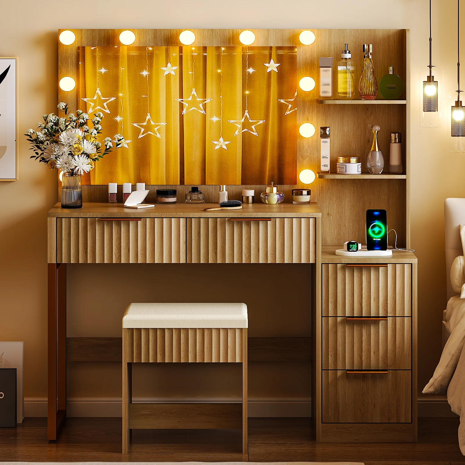 Ktaxon Flutted Makeup Vanity Table Set with 5 Drawer, Dressing Table w/Charging Station, Vanity Desk for Femal Gift, White