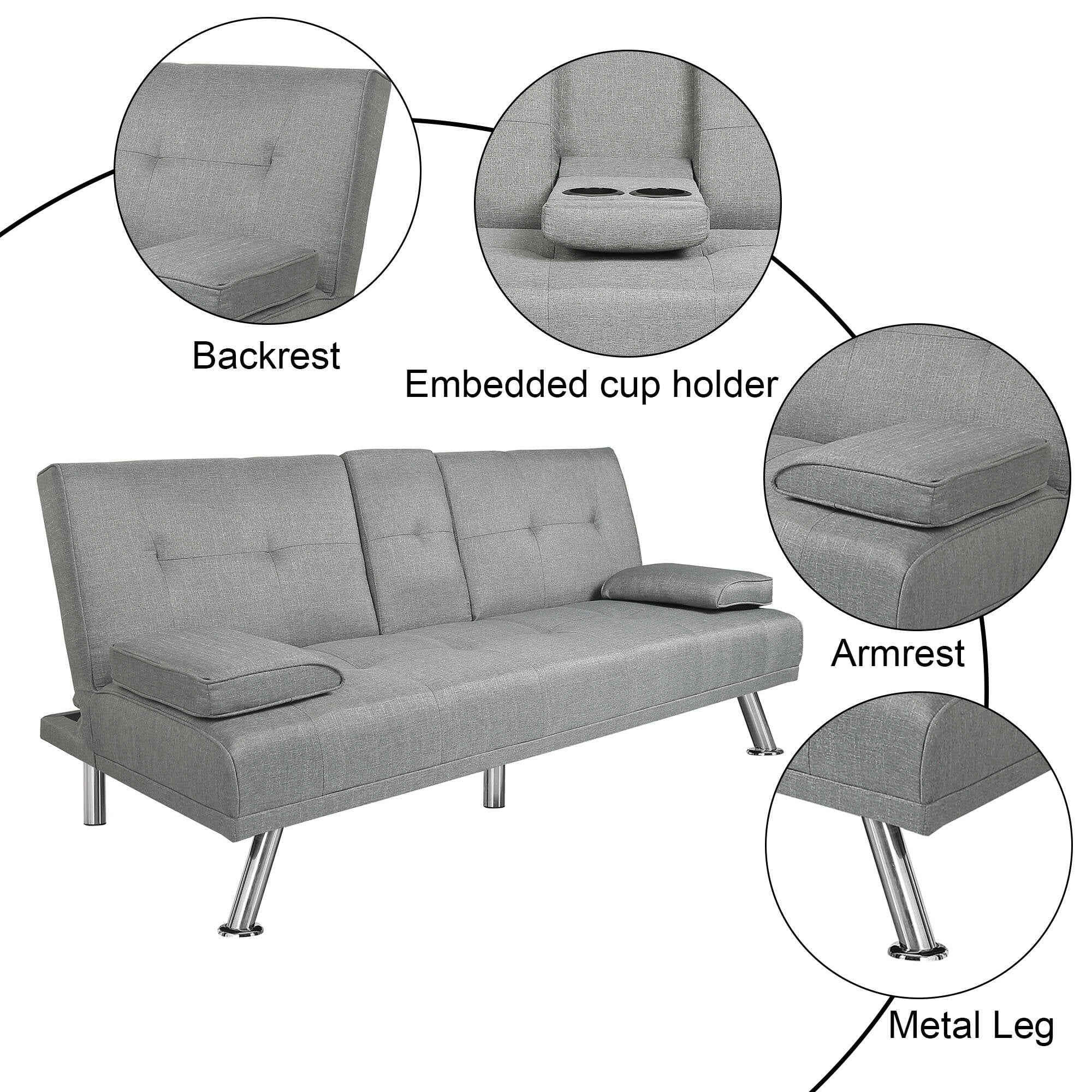 BEABA Futon Sofa Bed Modern PU Faux Convertible Couches with Cup Holder and Pillows Folding Furniture Upholstery