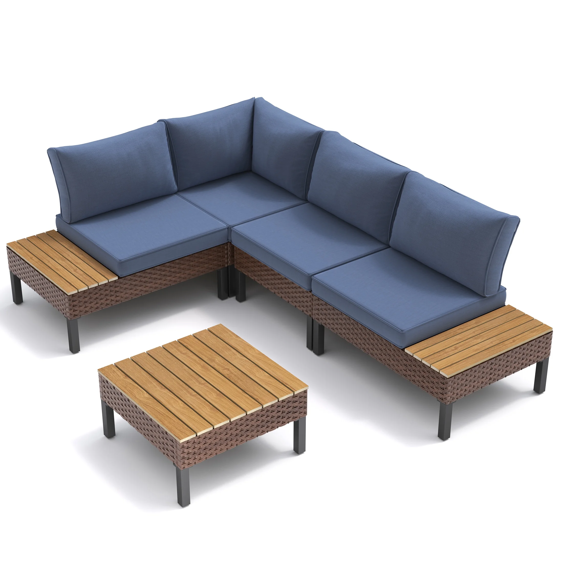 Poteban 5-piece Rattan Outdoor Patio Sofa Set,L-Shaped Sectional Sofa Couch with Coffee Table for Backyard,Lawn,Garden,Navy Blue